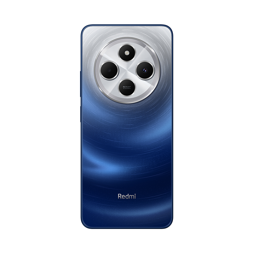 Dairesel kamera modülüne ve koyu mavi gradyan arkaya sahip mavi Redmi telefon.