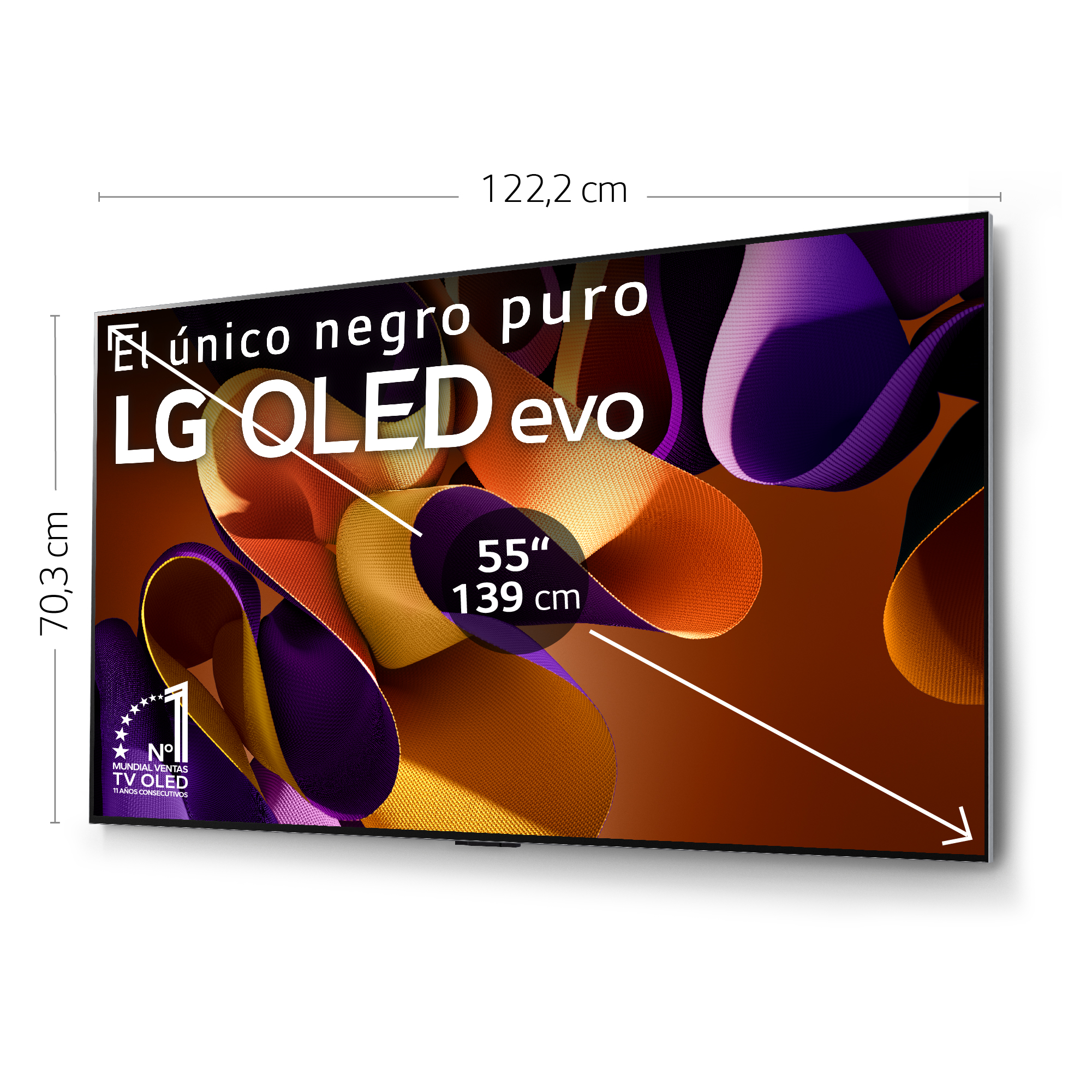 TV LG QLED evo sobre fondo blanco. Texto y gráficos en la pantalla. Las dimensiones están etiquetadas.