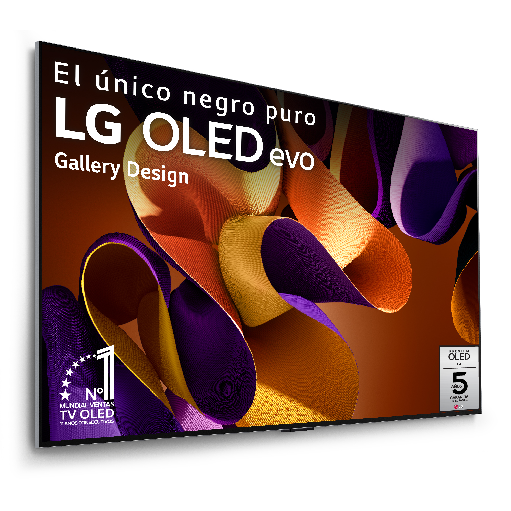Un gran televisor LG OLED evo con una imagen abstracta colorida en la pantalla. El televisor está sobre un fondo blanco.
