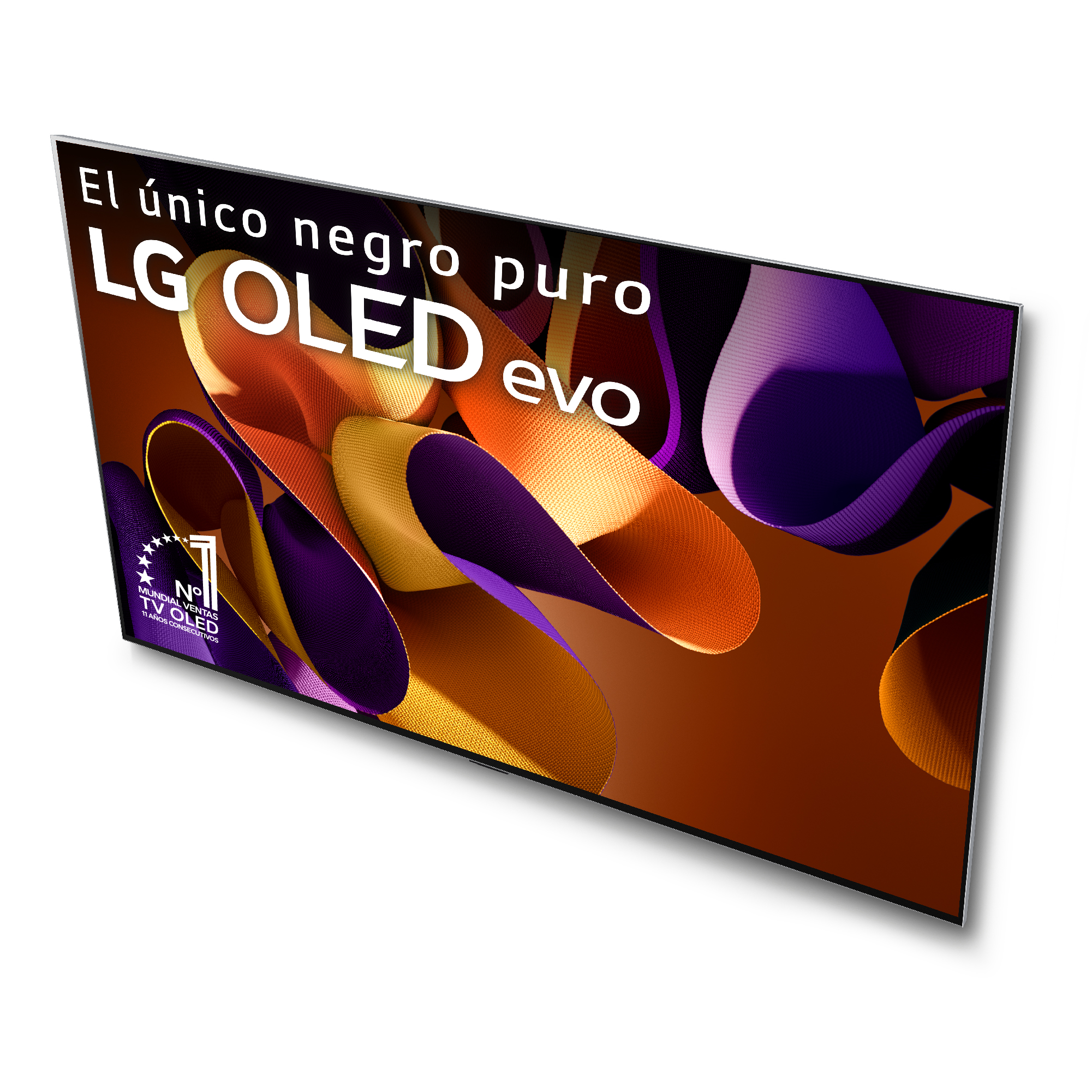 Pantalla LG OLED evo TV con diseño abstracto vibrante. Texto en español en la esquina superior izquierda.
