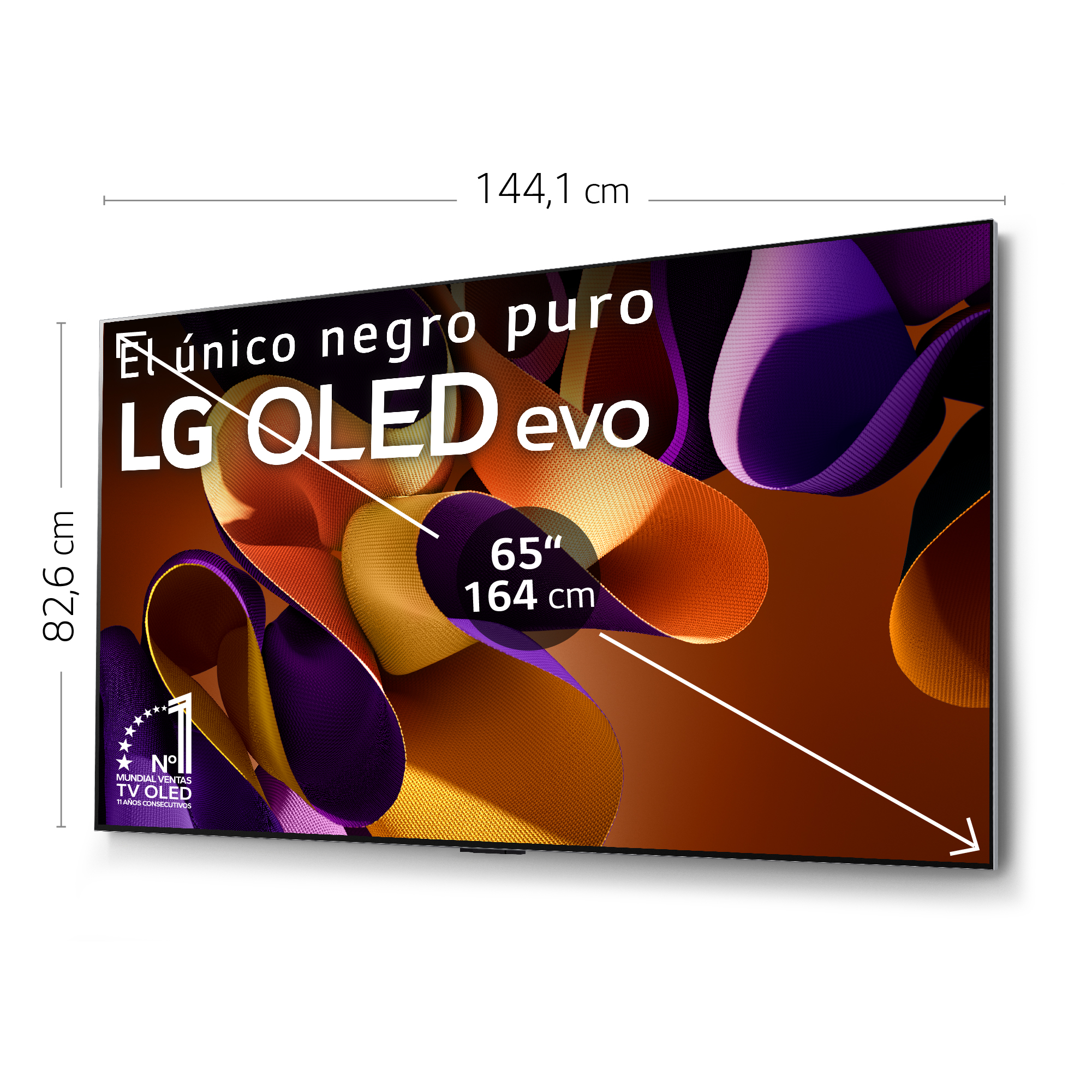 Pantalla de TV grande con texto LG OLED evo y dimensiones.