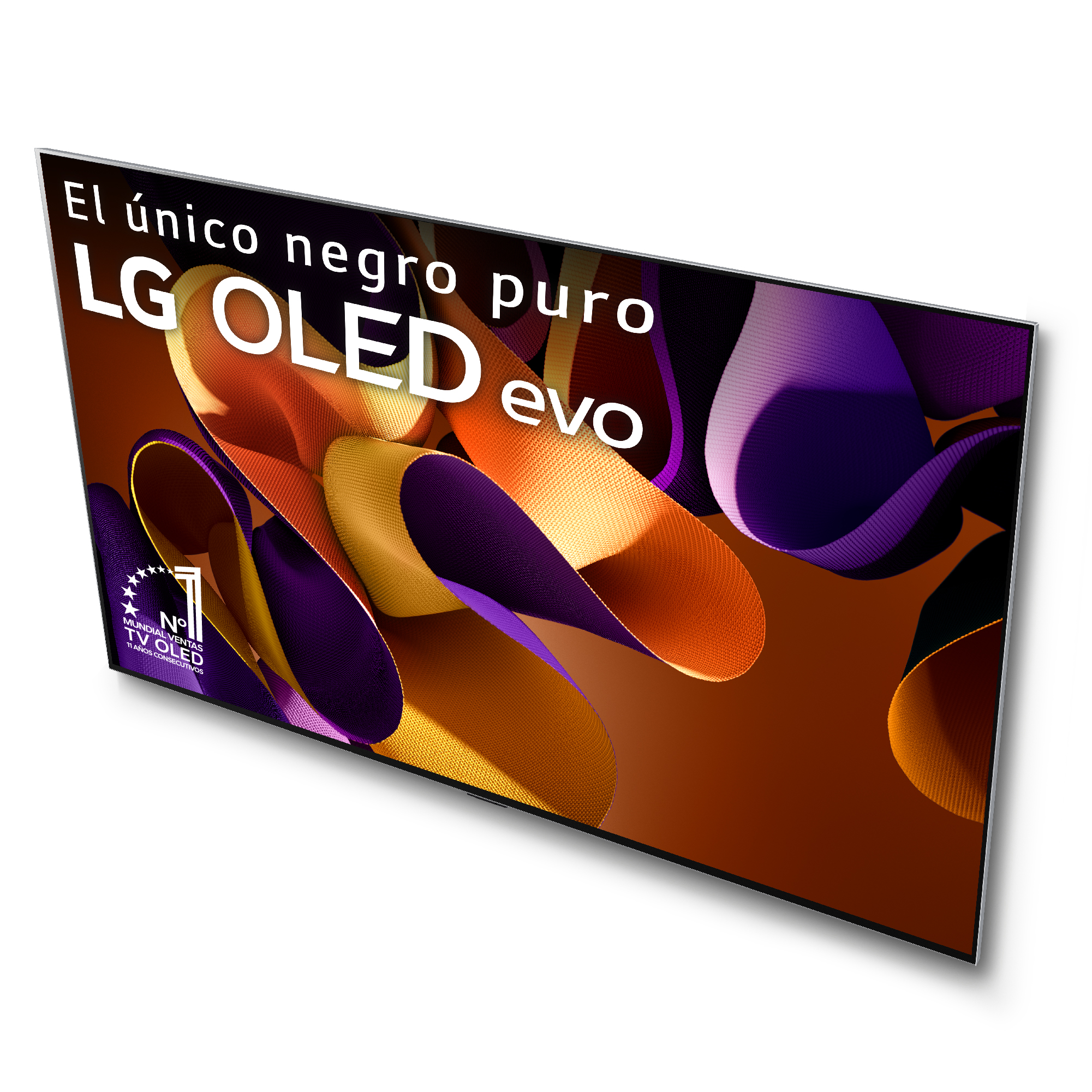 Pantalla de TV LG OLED evo con arte abstracto. Texto: El único negro puro.