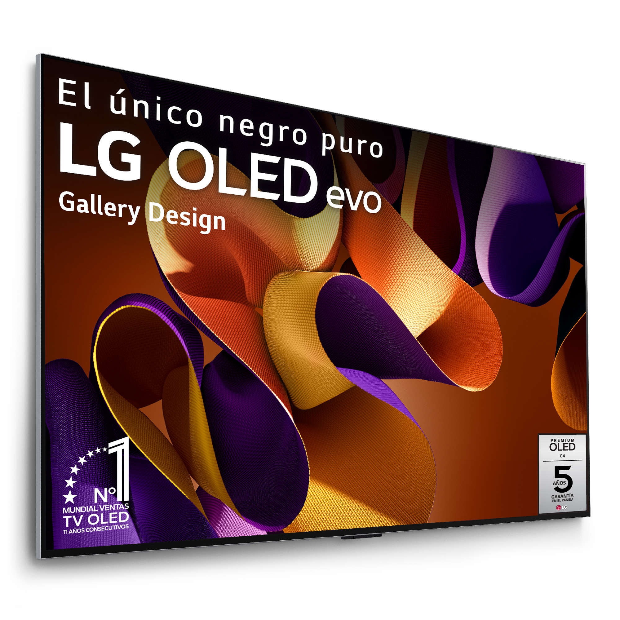 LG OLED evo TV, Gallery Design. Texto: El único negro puro, LG OLED evo. Texto blanco sobre fondo marrón.