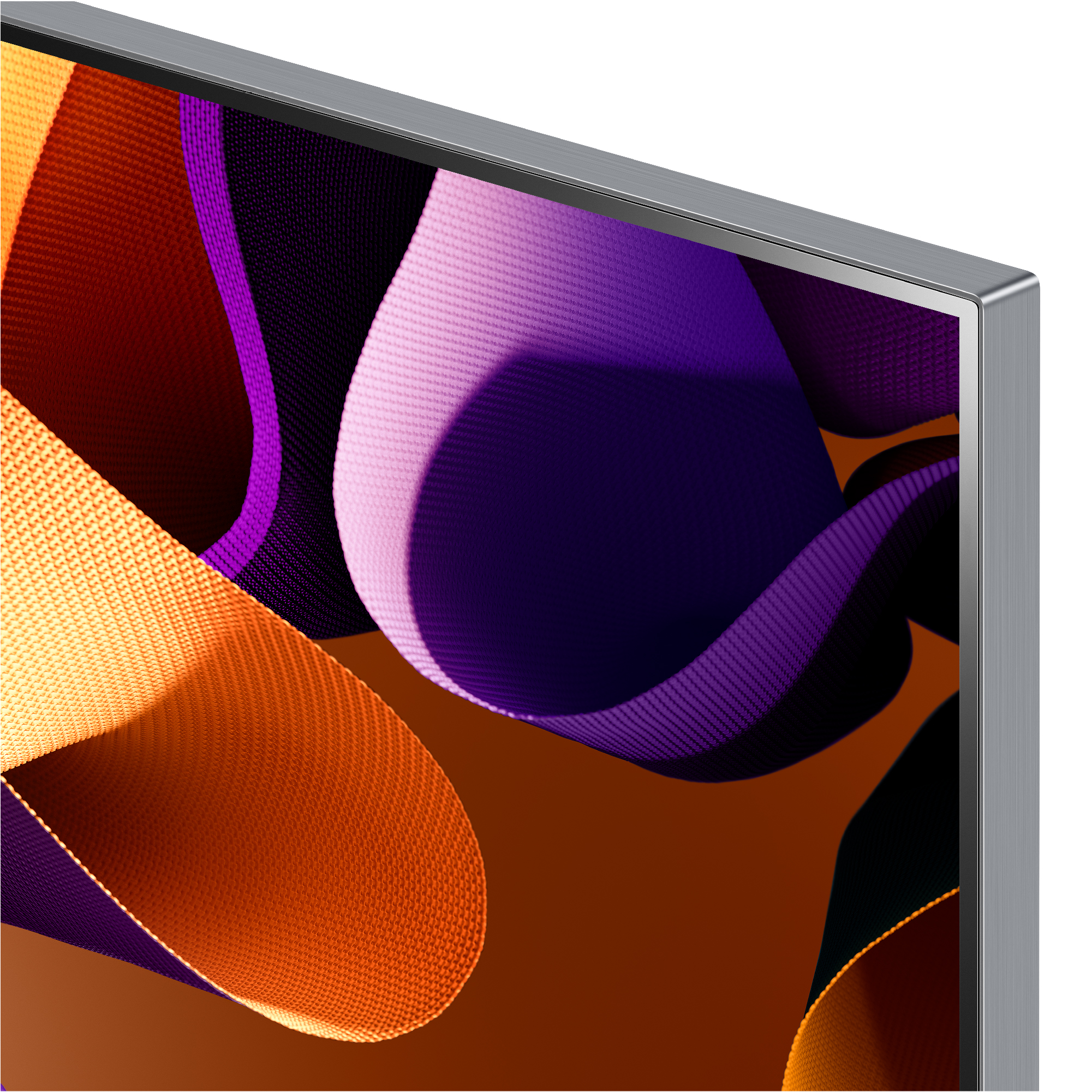 Un primer plano de una pantalla de TV, mostrando formas abstractas naranjas y moradas.