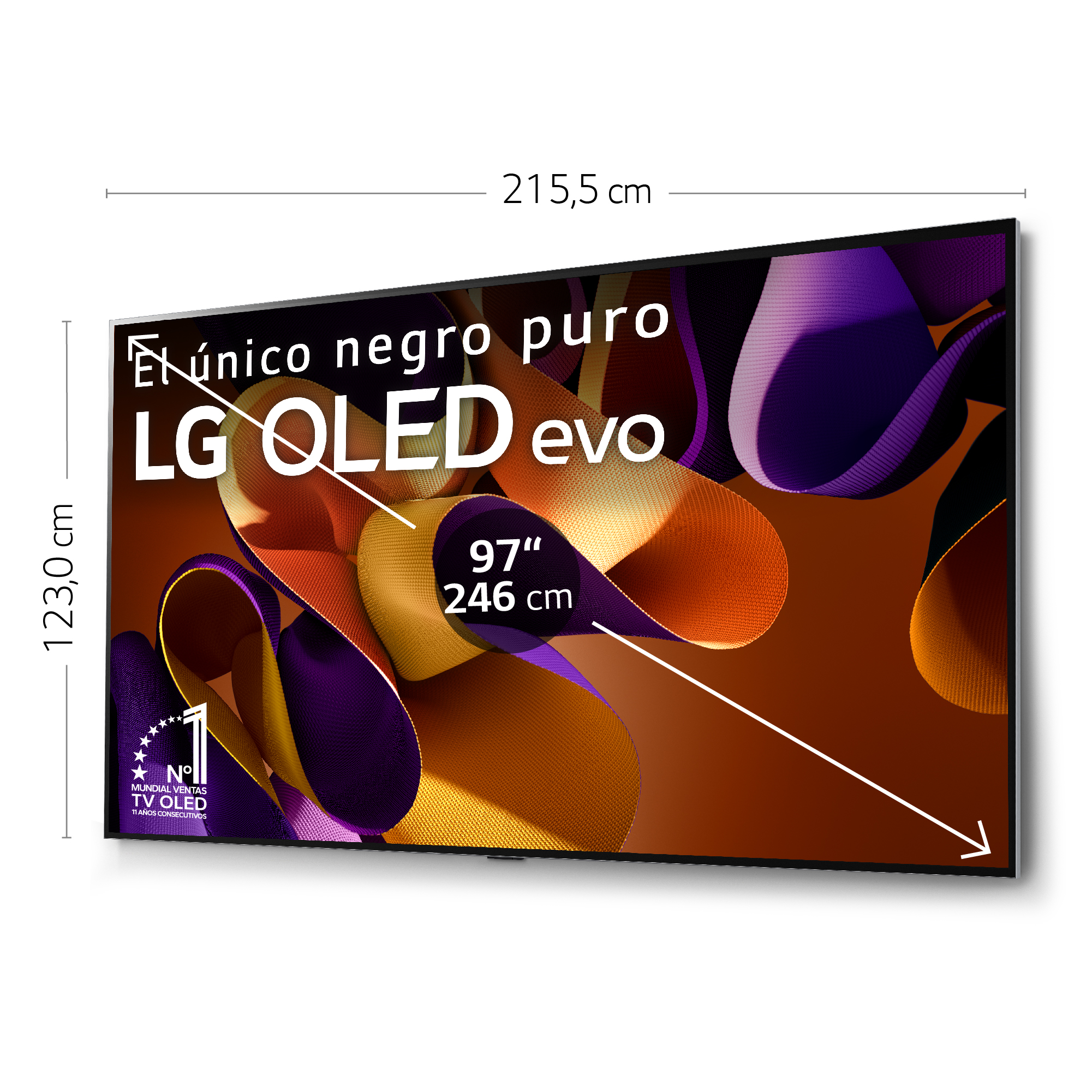 Gran televisor LG QLED evo con dimensiones. La pantalla muestra formas abstractas coloridas.