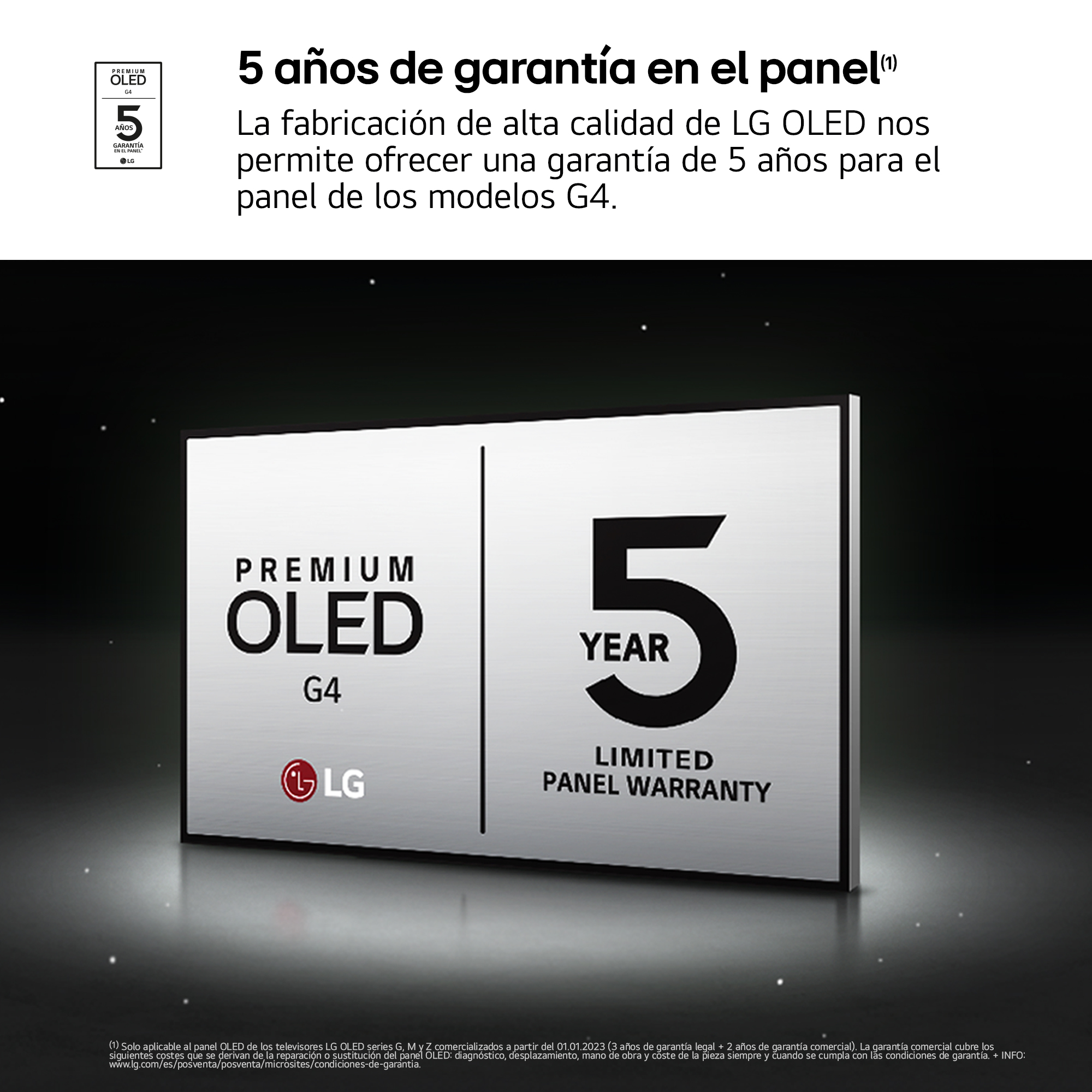 Un letrero blanco y plateado con texto en inglés y español que promociona una garantía de 5 años.