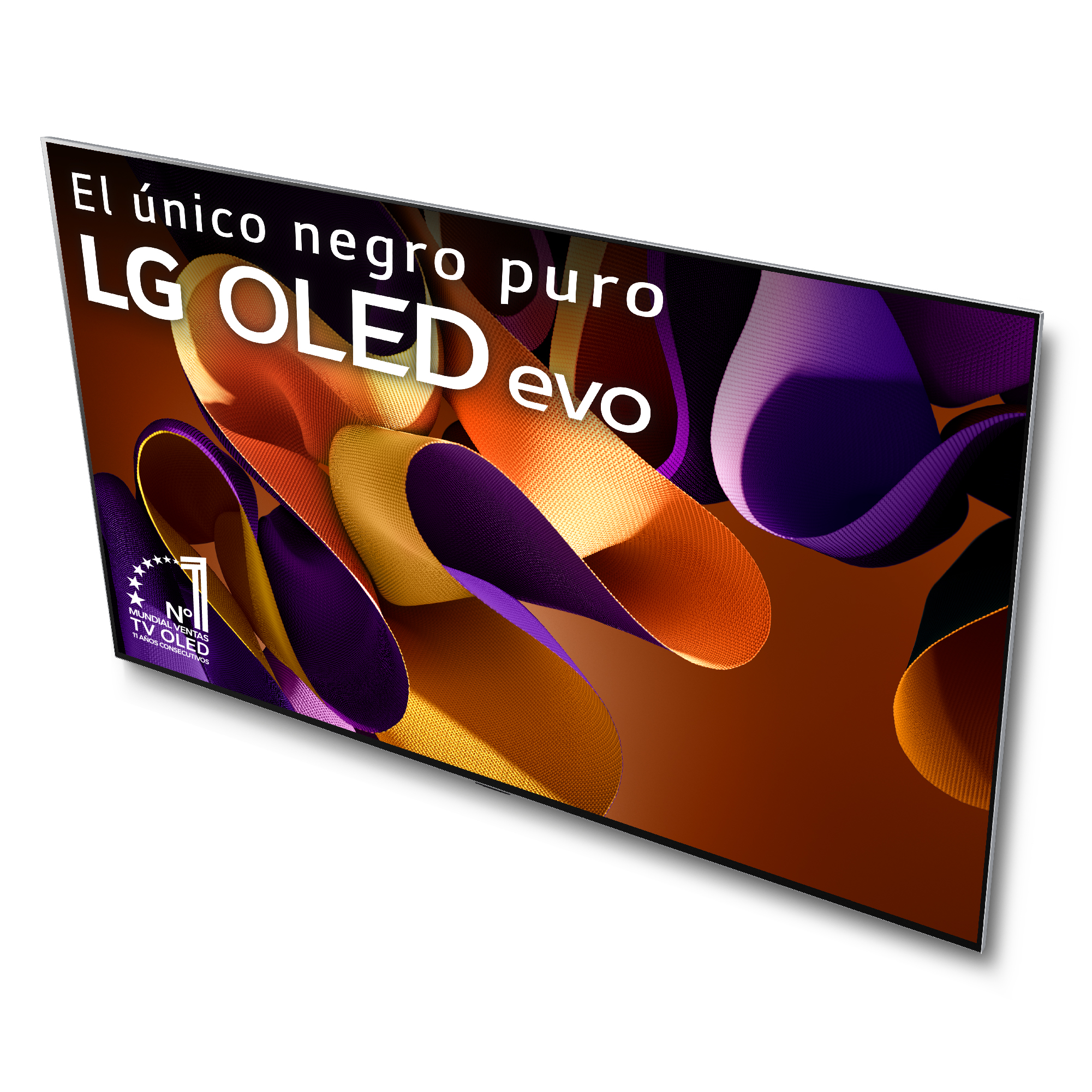 TV LG OLED evo mostrando una imagen colorida, con texto en la parte superior izquierda.