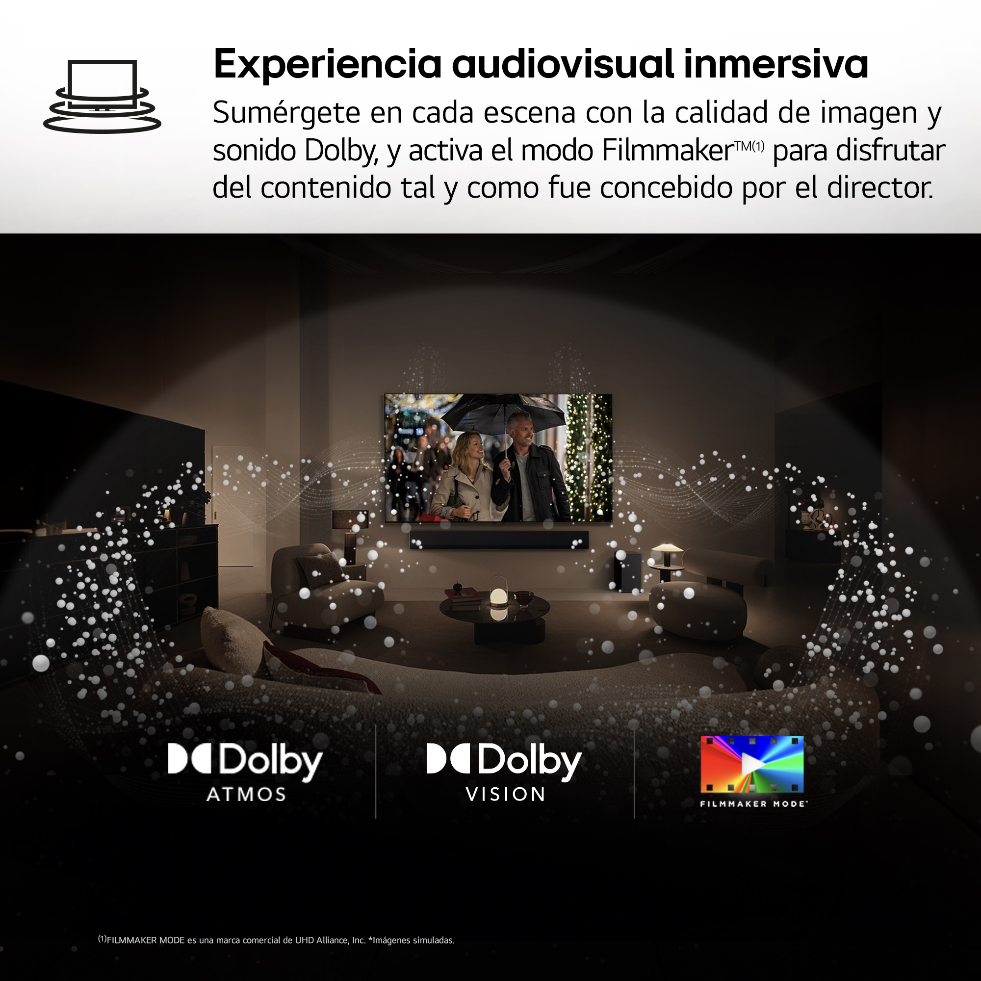 Salón con TV, logos Dolby Atmos y Vision, y logo Modo Filmmaker.