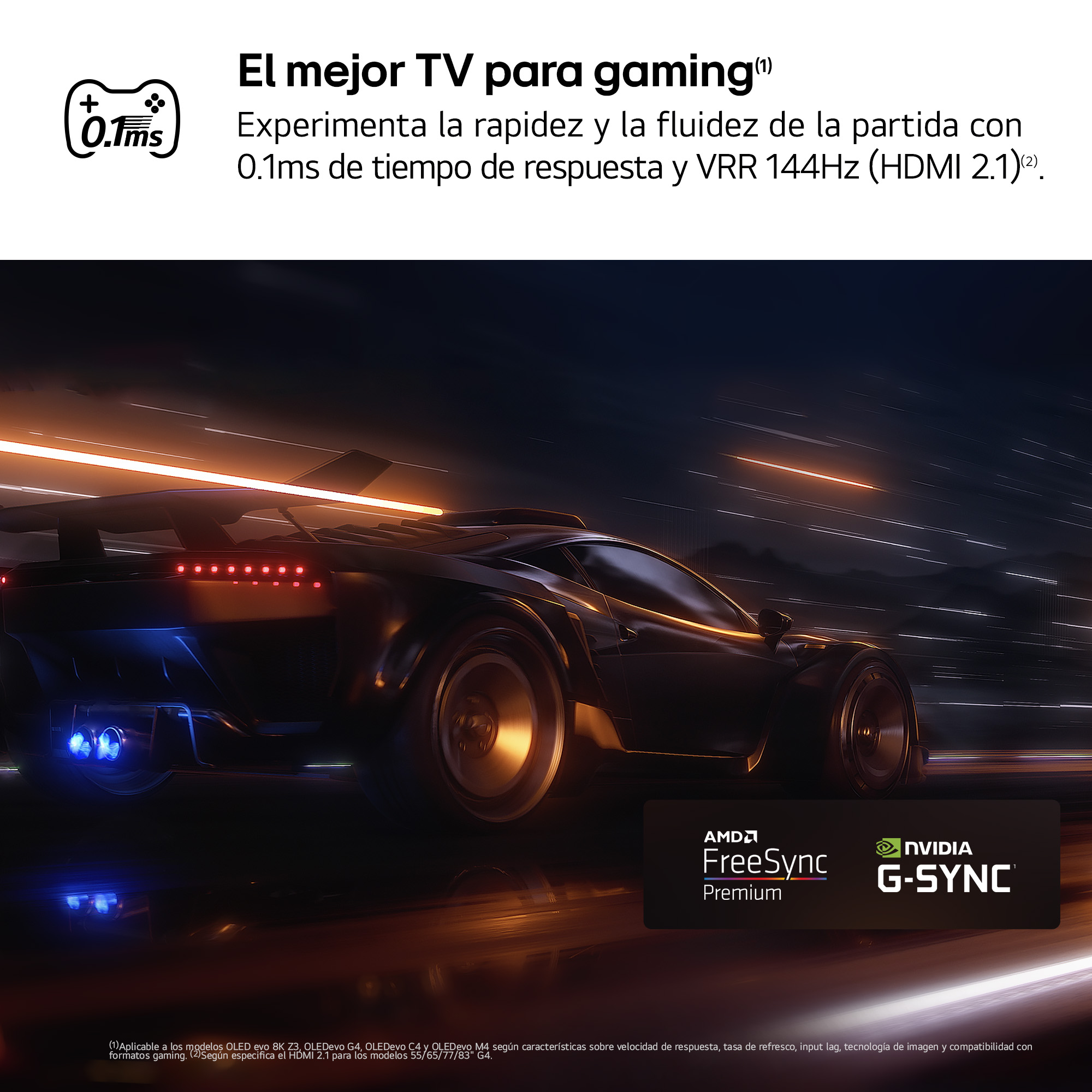 Coche de carreras en una carretera con texto de TV, AMD FreeSync y G-Sync.