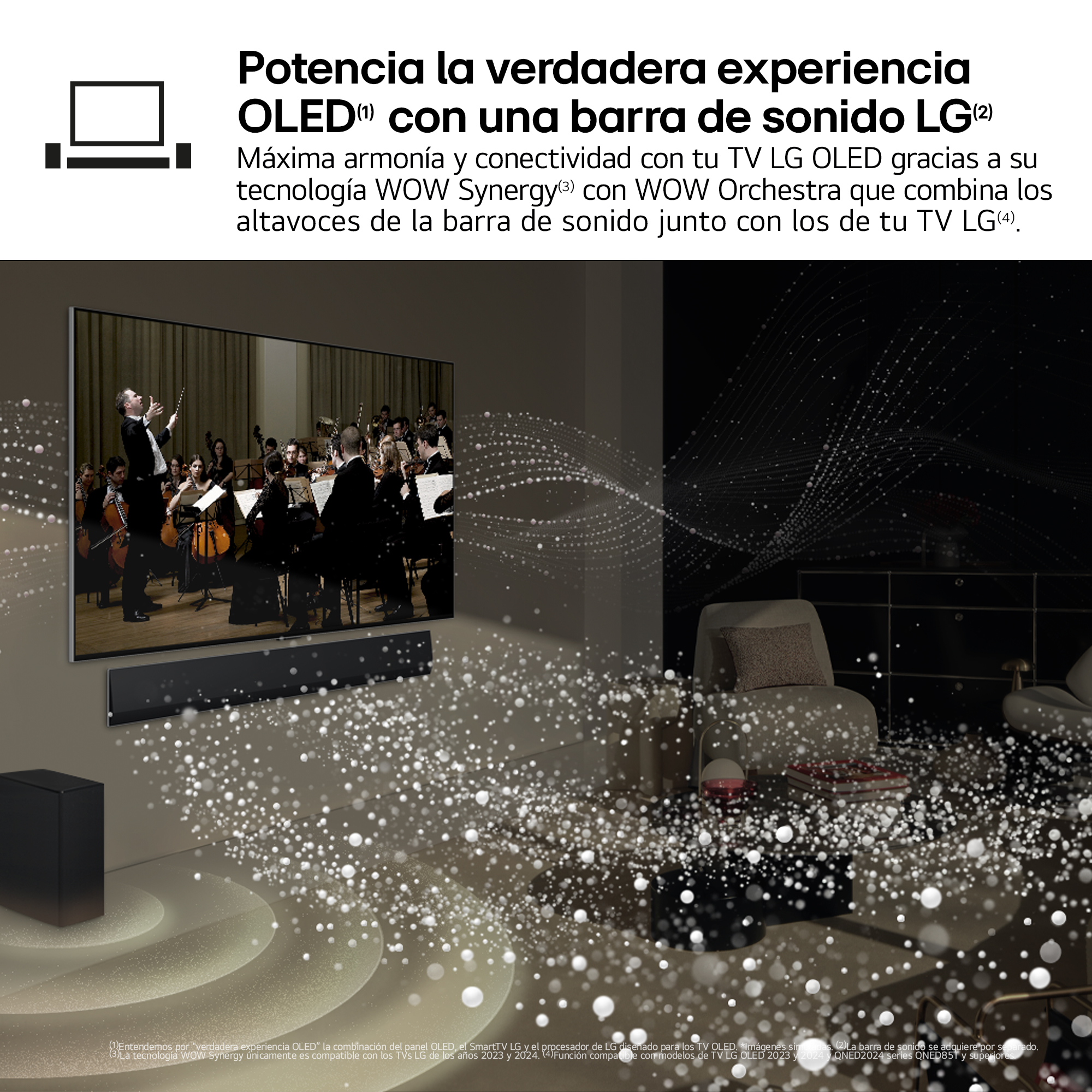 Escena de salón con TV, barra de sonido y subwoofer, con efectos audiovisuales.
