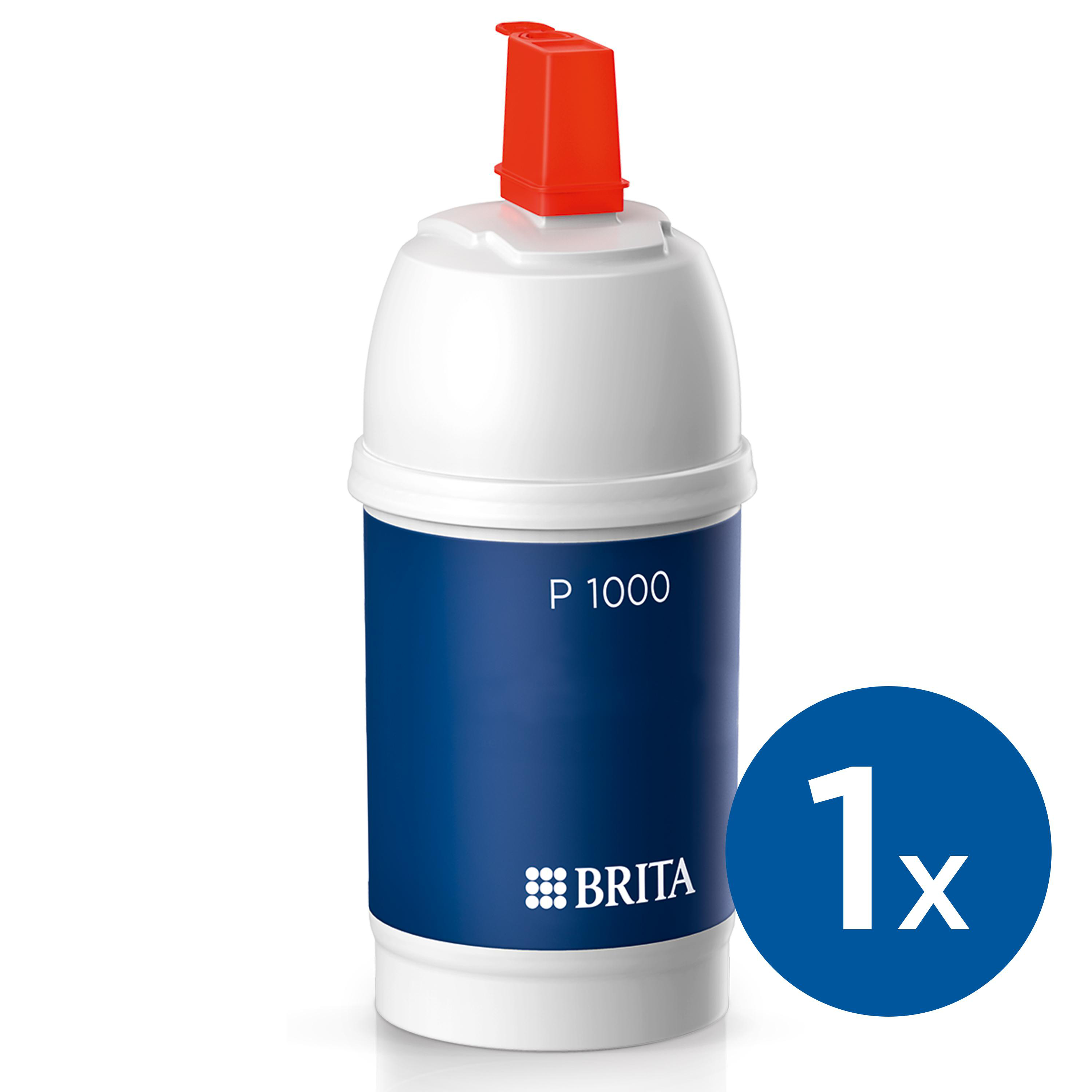 Weiß-blauer Wasserfilter. Der obere Teil ist orange. Ein blauer Kreis zeigt "1x".