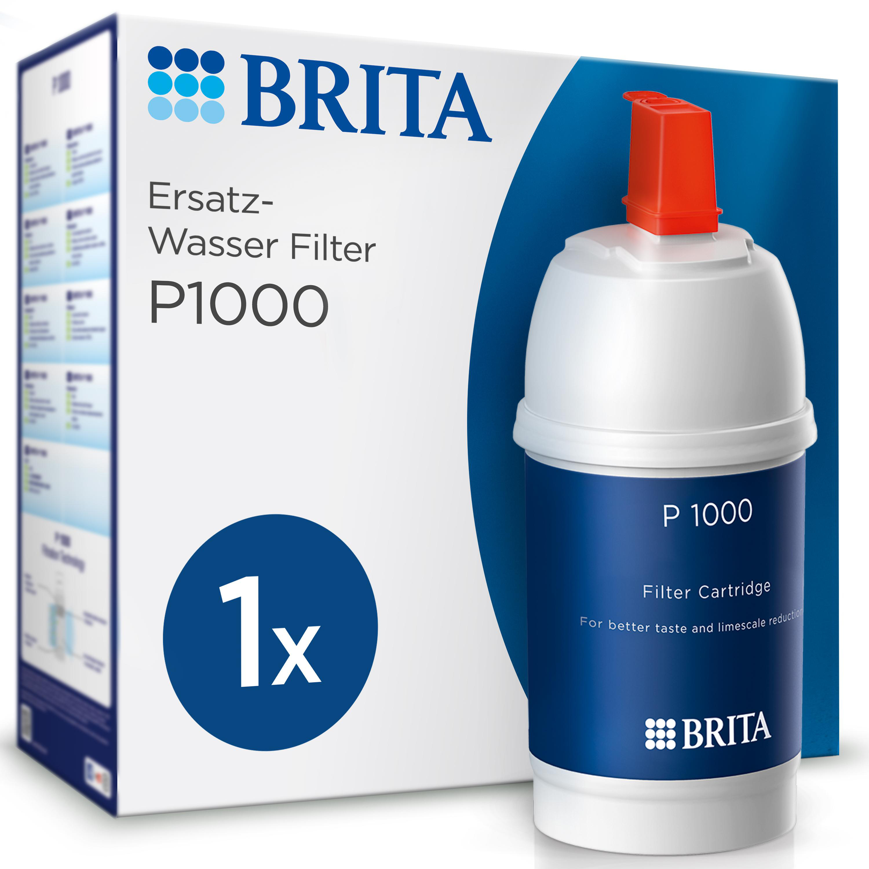 Brita P1000 Wasserfilterkartusche mit Box, zeigt blauen Filter und roten Deckel.