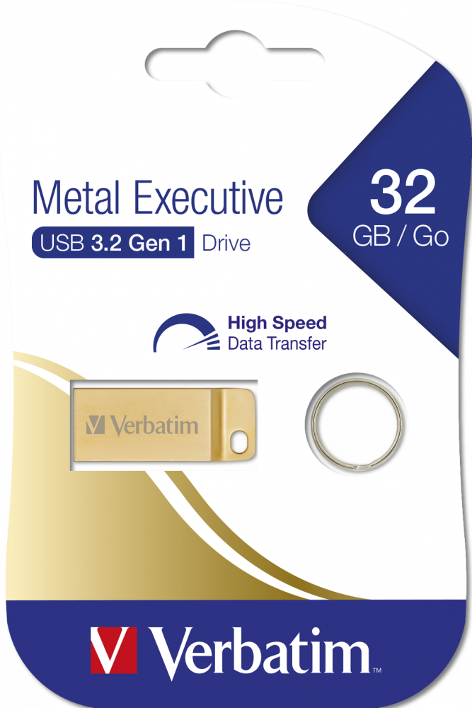 Ön yüzünde 32 GB/Go bulunan perakende ambalajında altın USB sürücü.