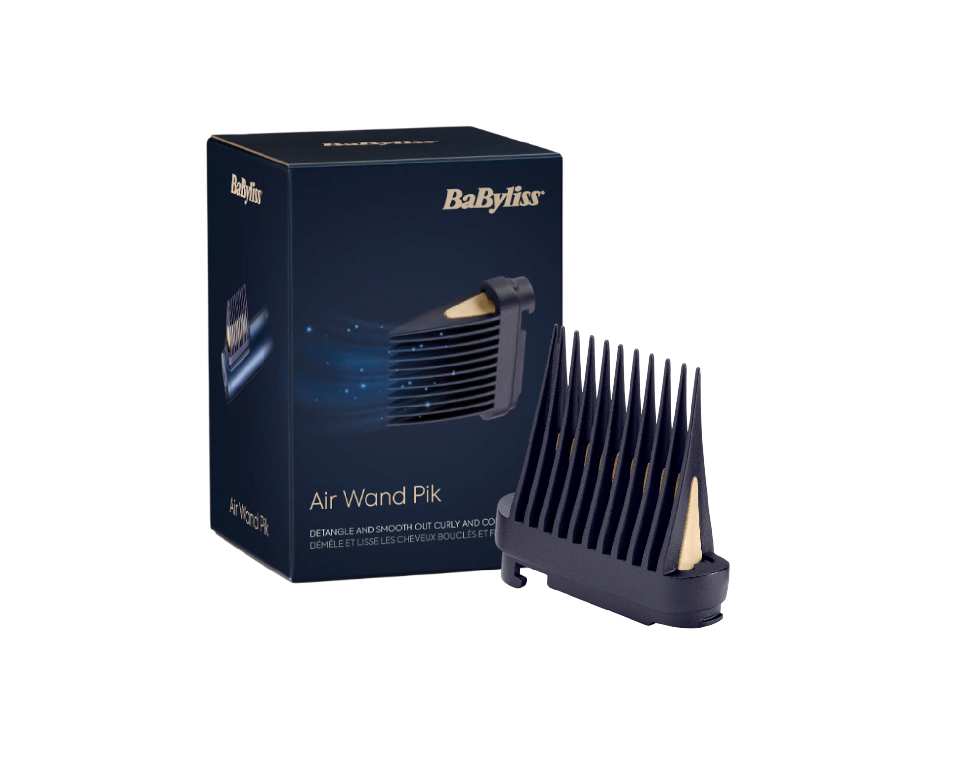 Haarstyling-Tool mit schwarzem und goldenem Design, vor der Box.