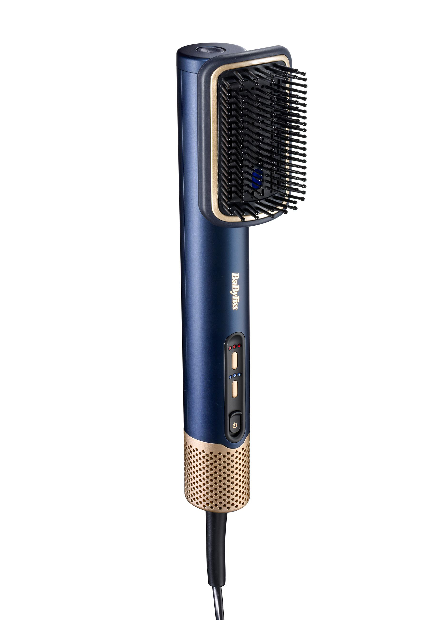 Eine blaue und goldene Haarbürste auf weißem Hintergrund.