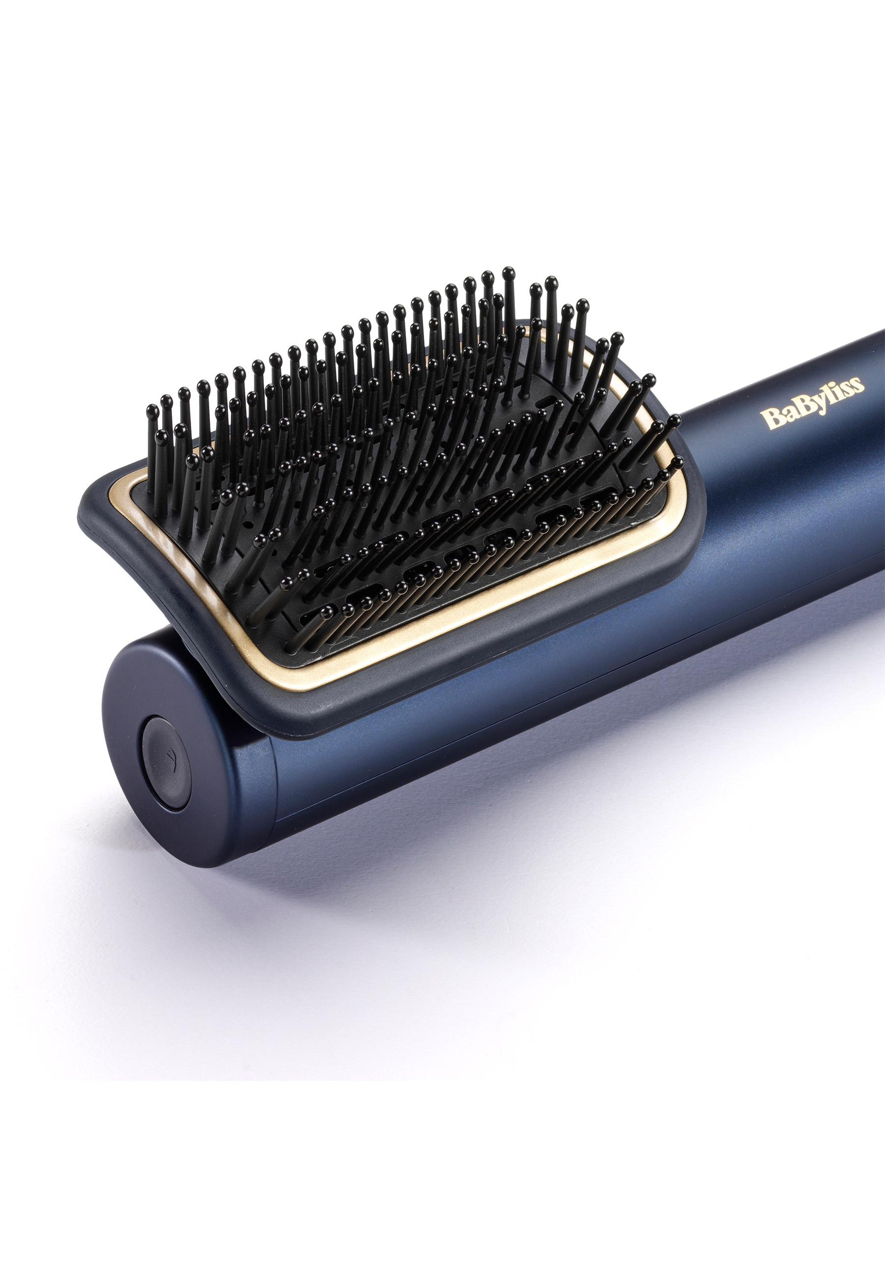 Blau-schwarze Haarglättungsbürste mit Goldkante. Die Bürste zeigt nach oben.