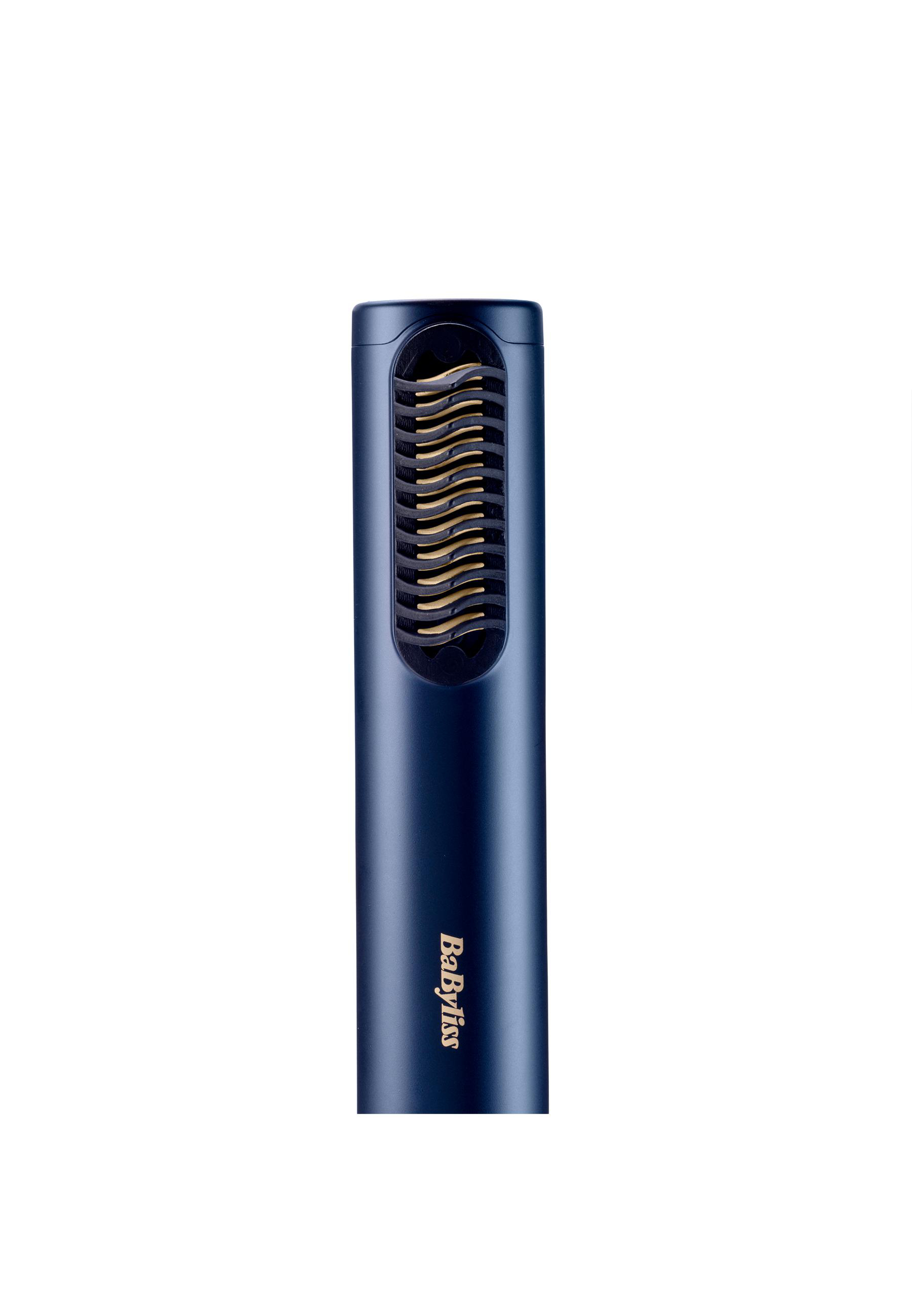 Ein marineblaues Haarstyling-Werkzeug mit kammartiger Struktur.