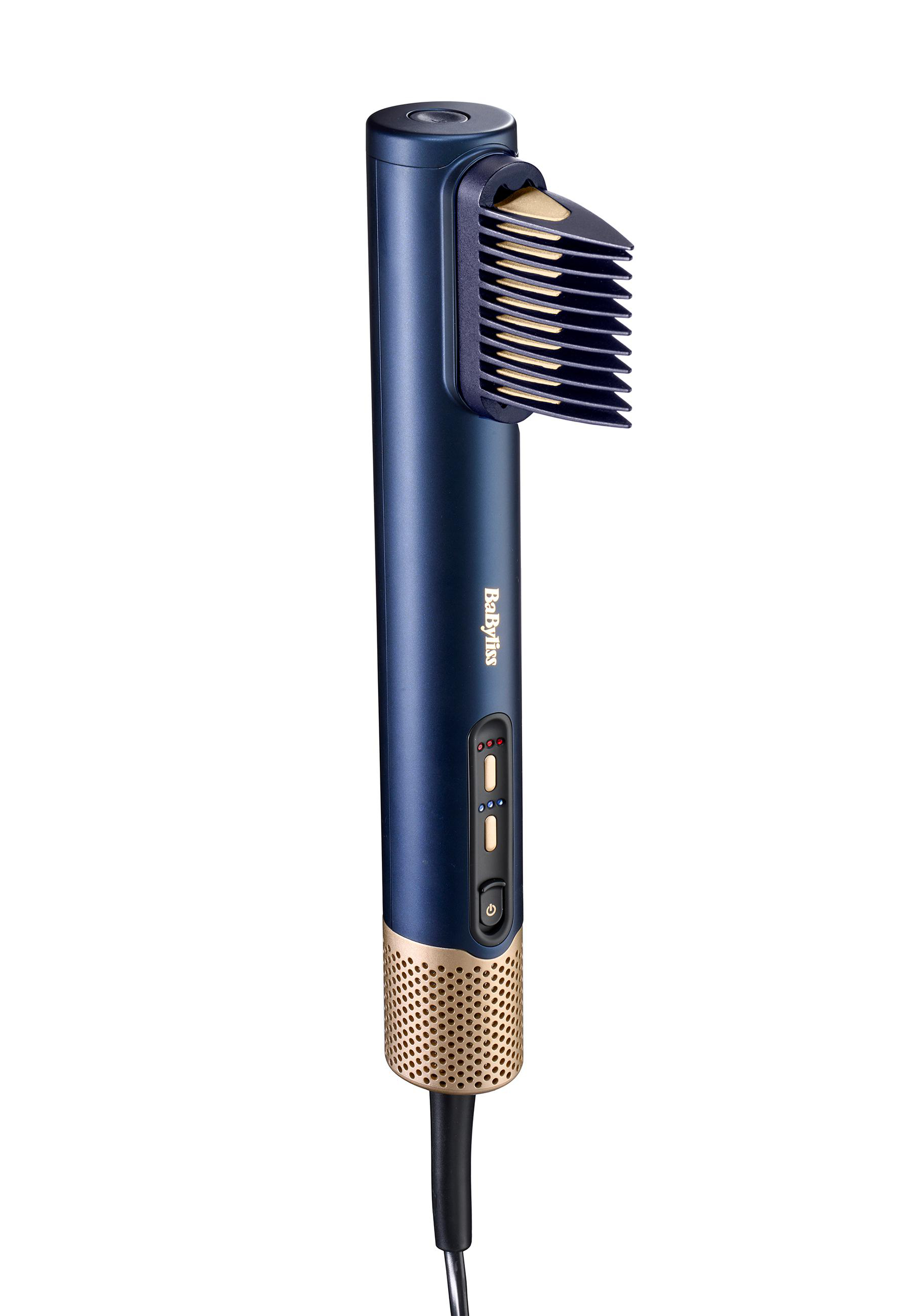 Blau-goldene Haarstyling-Bürste. Blauer Griff mit goldenen Details und schwarzem Kabel.