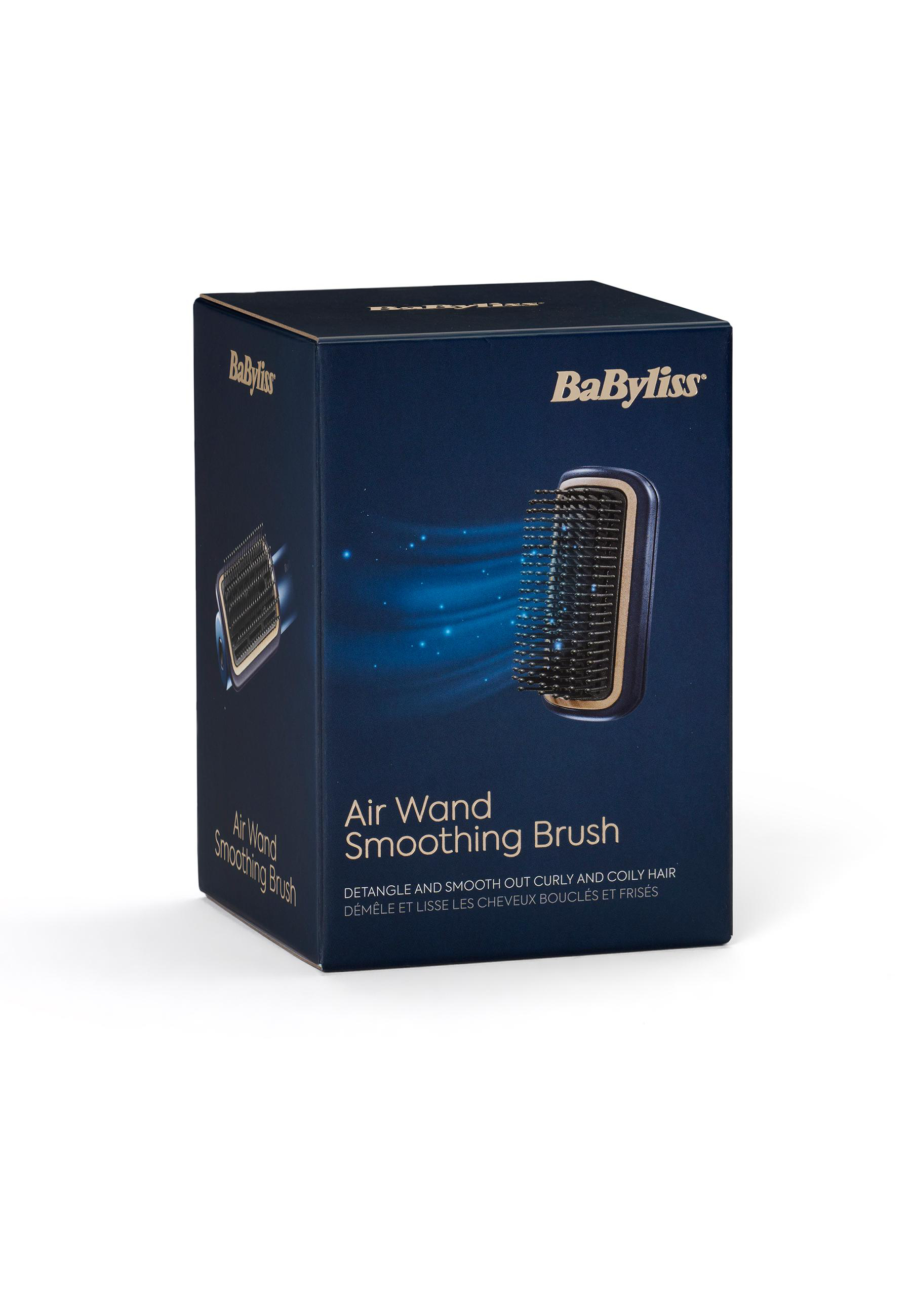 Schachtel einer Babyliss Air Wand Smoothing Brush, marineblau mit goldenen Akzenten, auf weißem Hintergrund.