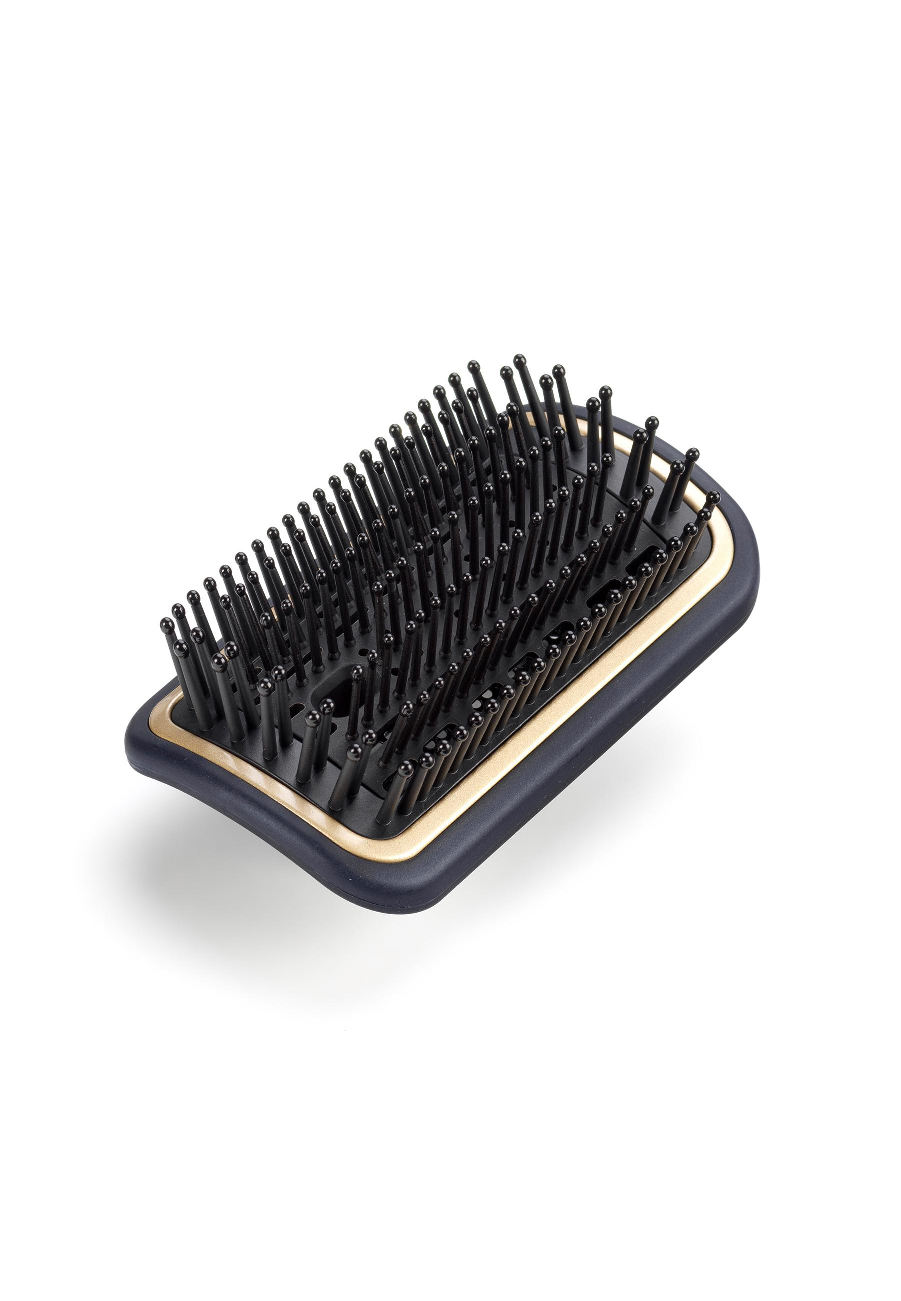 Eine Haarbürste mit schwarzen Borsten und einem blau-goldenen Griff. Sie befindet sich auf weißem Hintergrund.