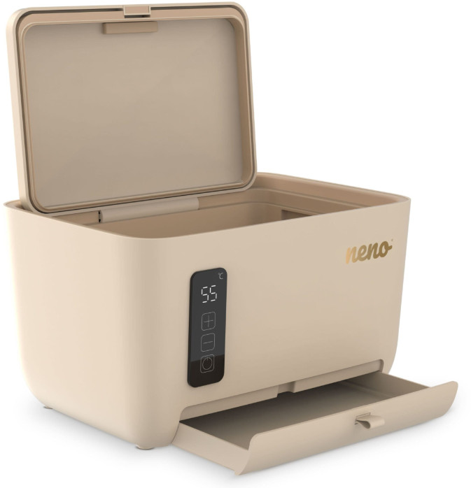 Beżowy podgrzewacz do butelek z otwartą pokrywą i szufladą. Wyświetlacz cyfrowy pokazuje 55°C.