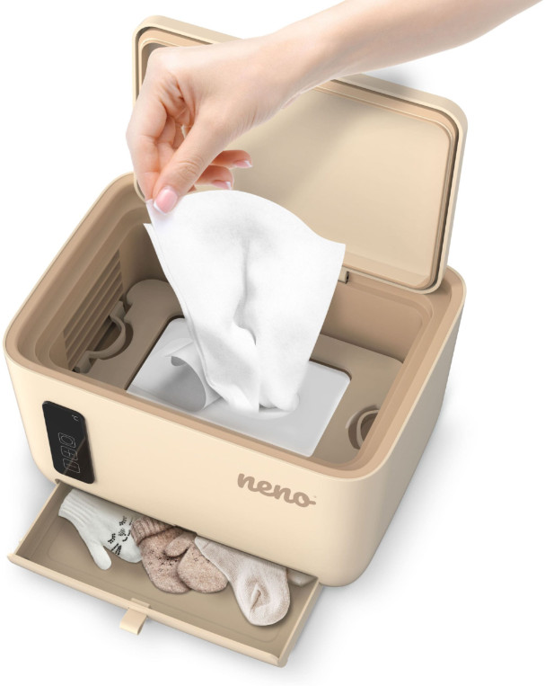 Kremowy podgrzewacz chusteczek dla niemowląt z dłonią wyciągającą chusteczkę. Mała szuflada.