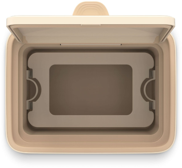 Beżowy pojemnik na chusteczki nawilżane z otwartą pokrywą, pokazujący wnętrze i chusteczki.