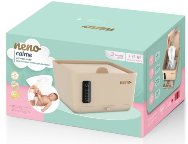 Beżowe i miętowo-zielone pudełko na podgrzewacz chusteczek dla niemowląt, ze szczegółami produktu i grafiką dziecka.