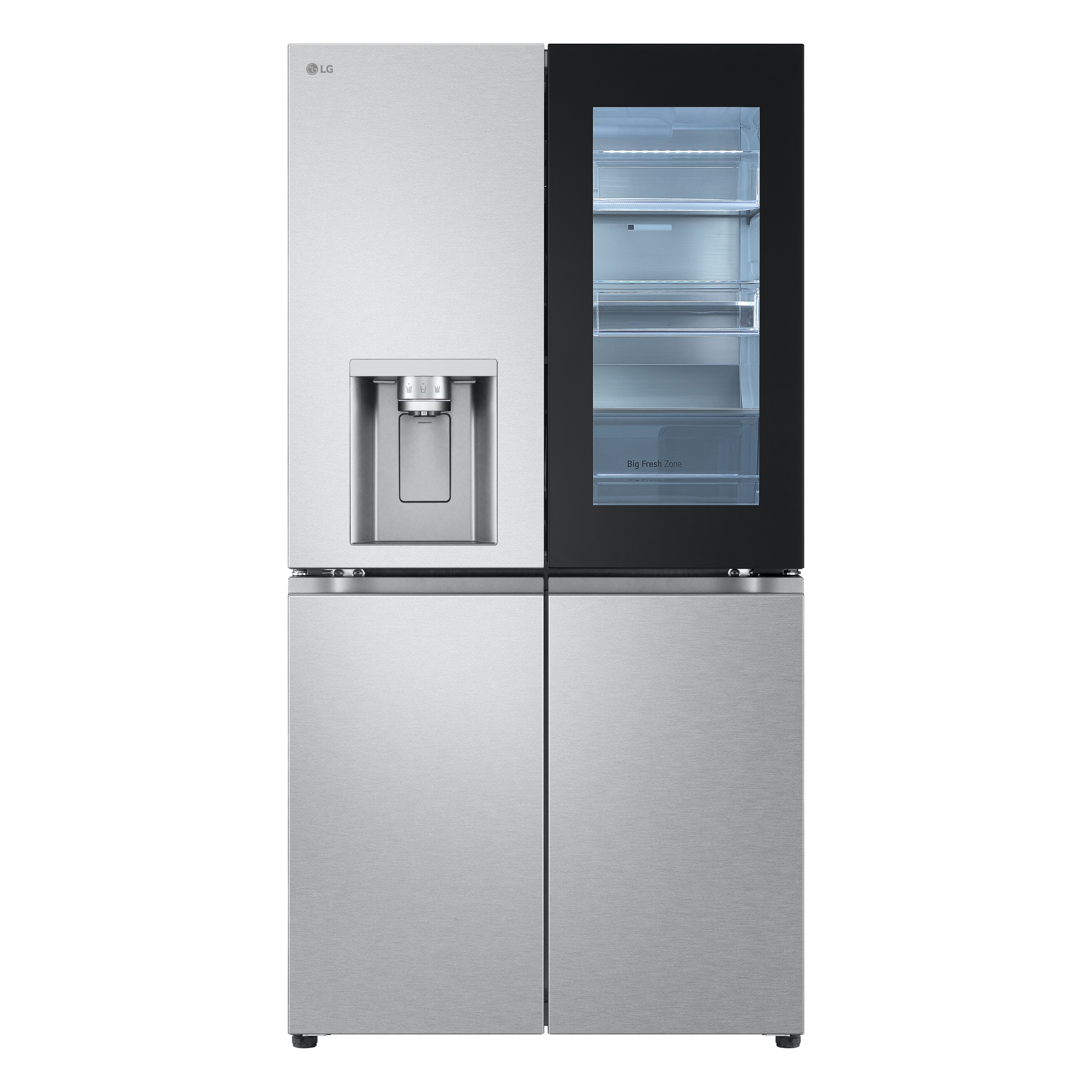Silberner Kühlschrank mit Wasserspender und Glastür.