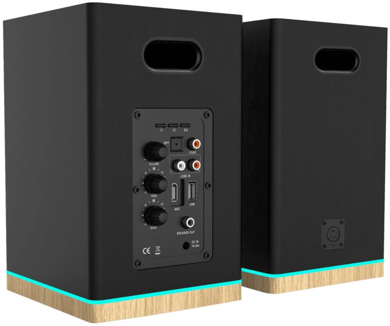 Dwa czarne głośniki z drewnianymi podstawami. Widoczne tylne elementy sterujące i porty.