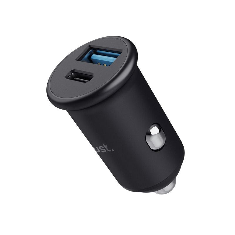 Egy fekete autós töltő két USB porttal.