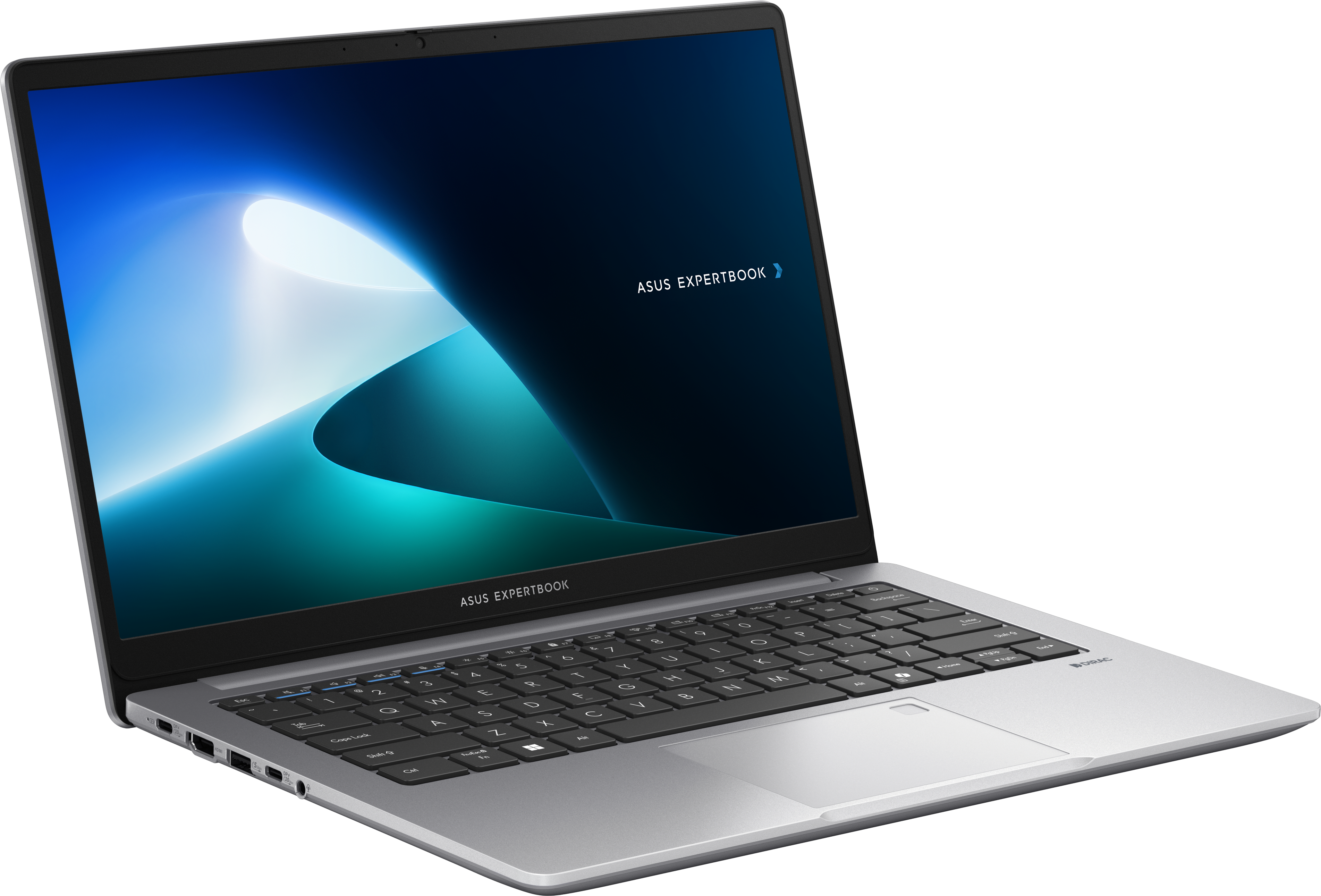 Silberner Laptop, offen, mit schwarzer Tastatur.