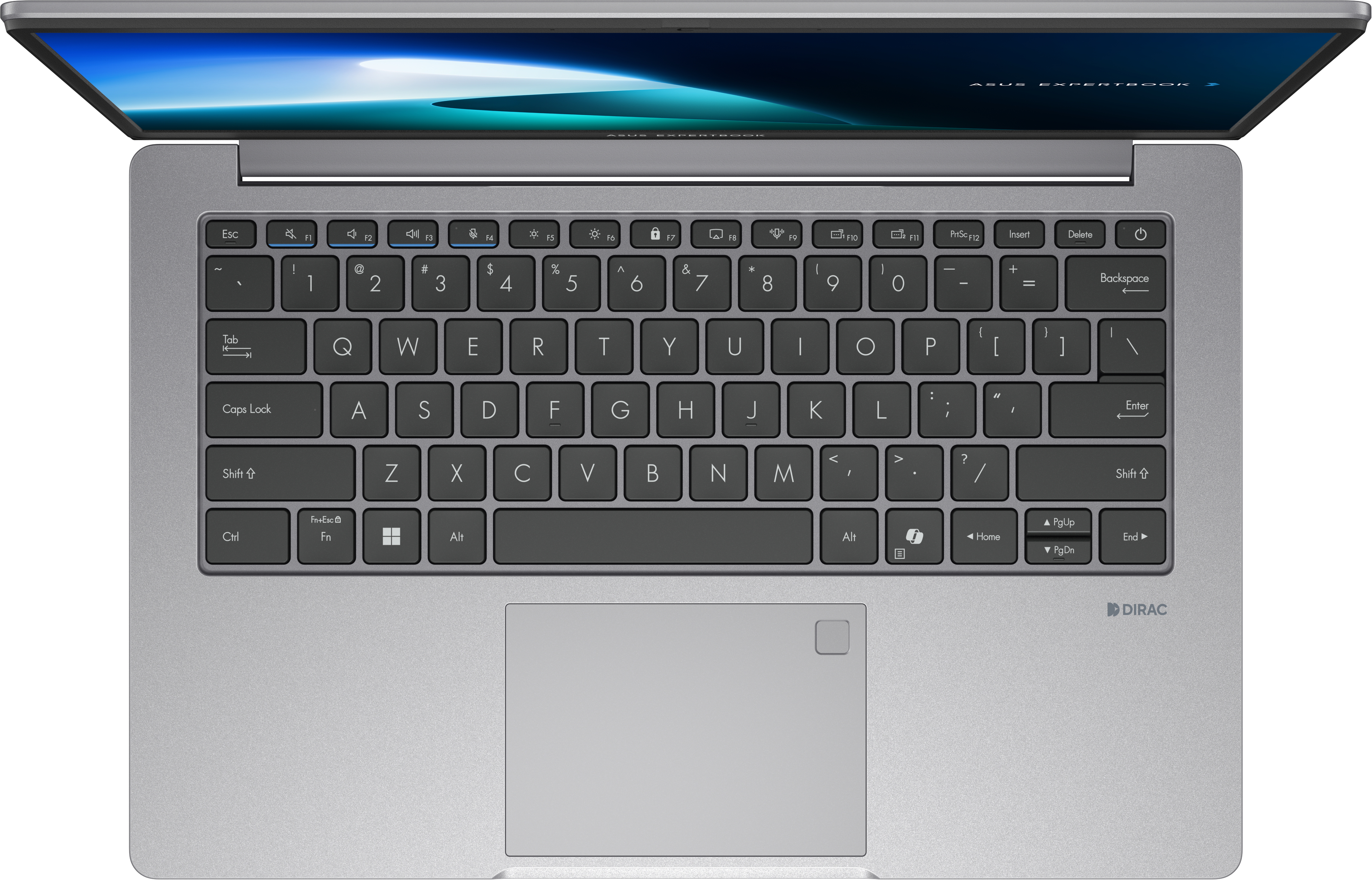 Laptop, Draufsicht, mit offenem Bildschirm und Tastatur. Graues Farbschema. Die Tastatur ist zentriert.