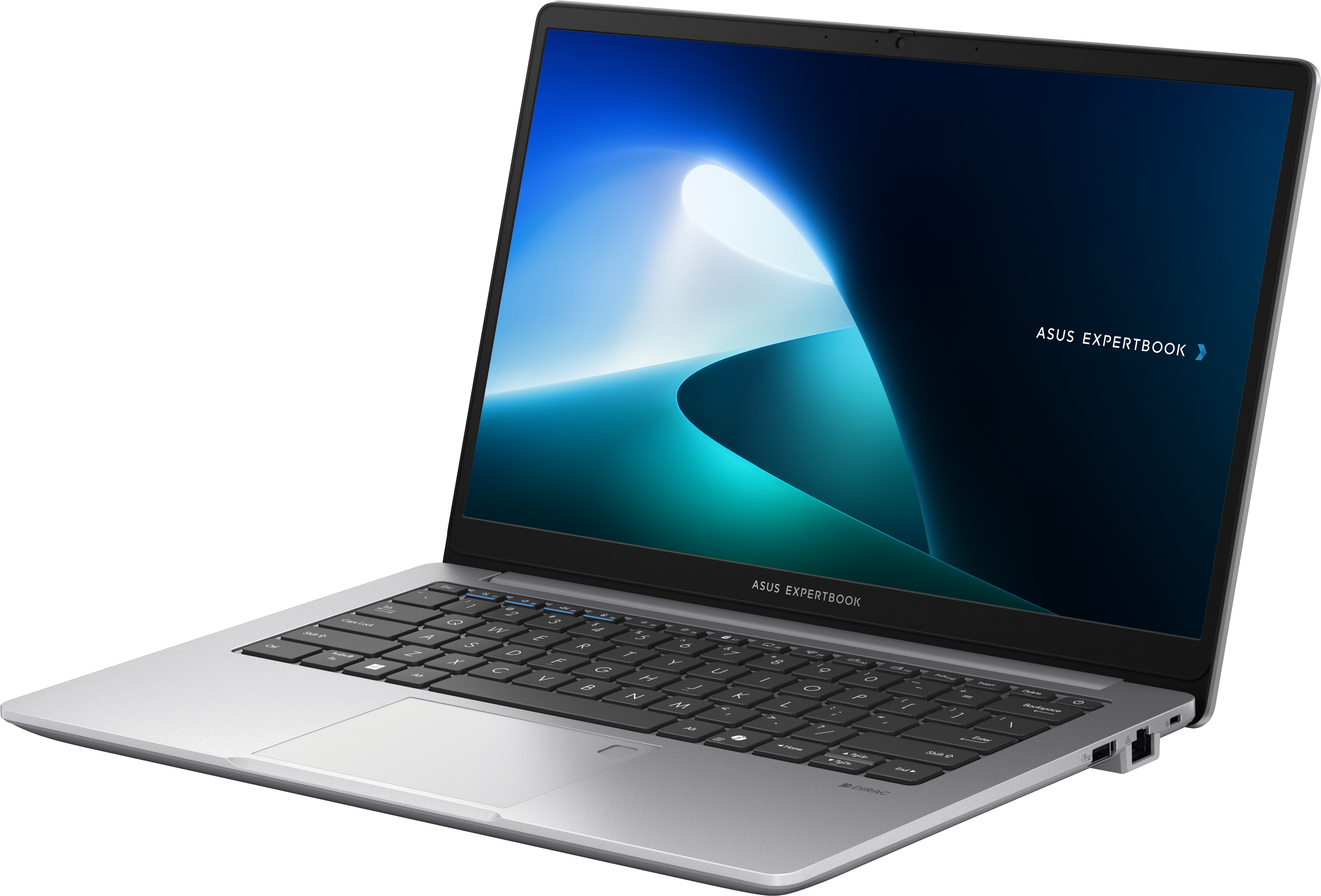 Silberner ASUS ExpertBook Laptop, offen, Frontansicht.