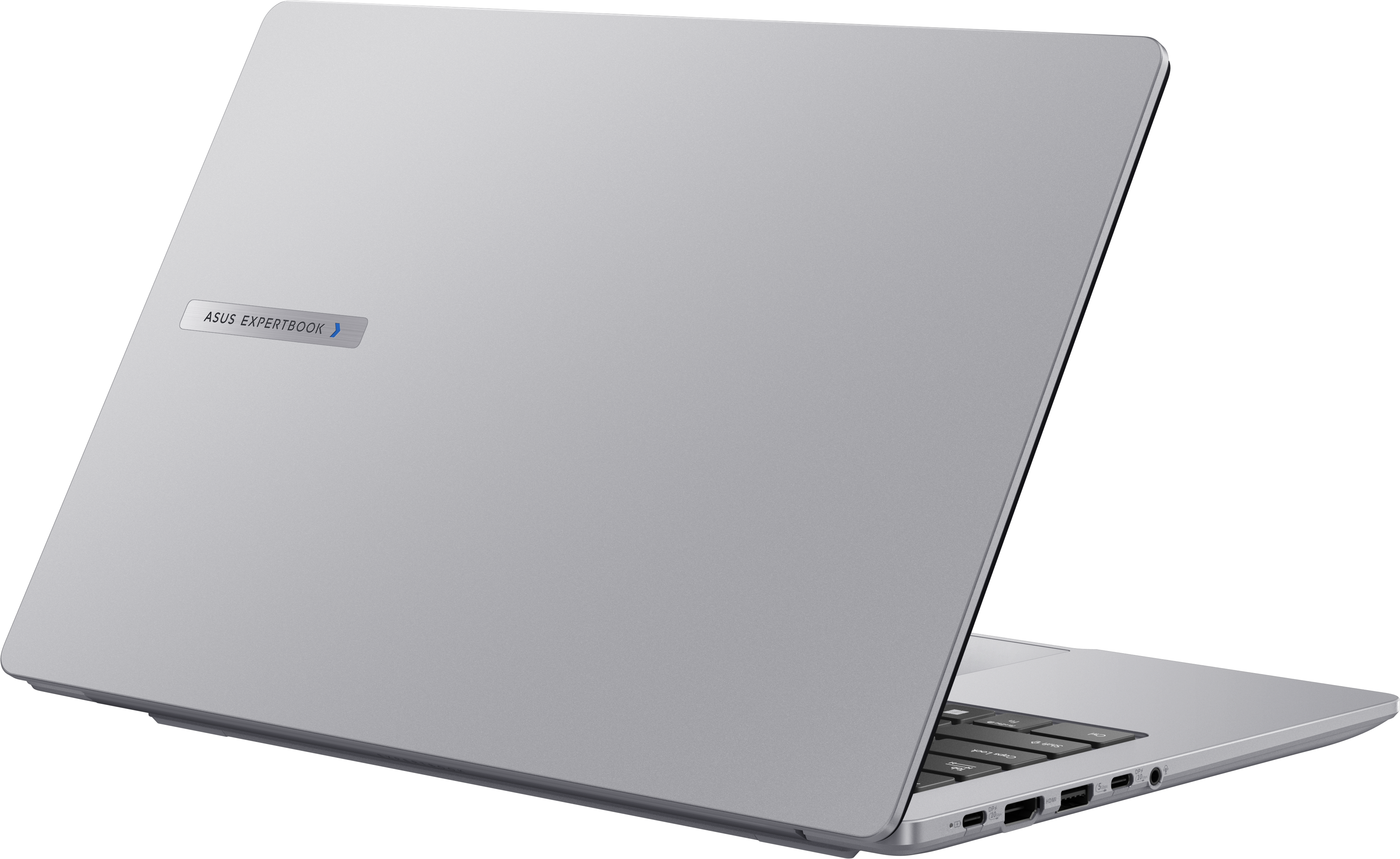 Silberner Laptop von hinten, mit ASUS EXPERTBOOK Logo und schwarzem Hintergrund.