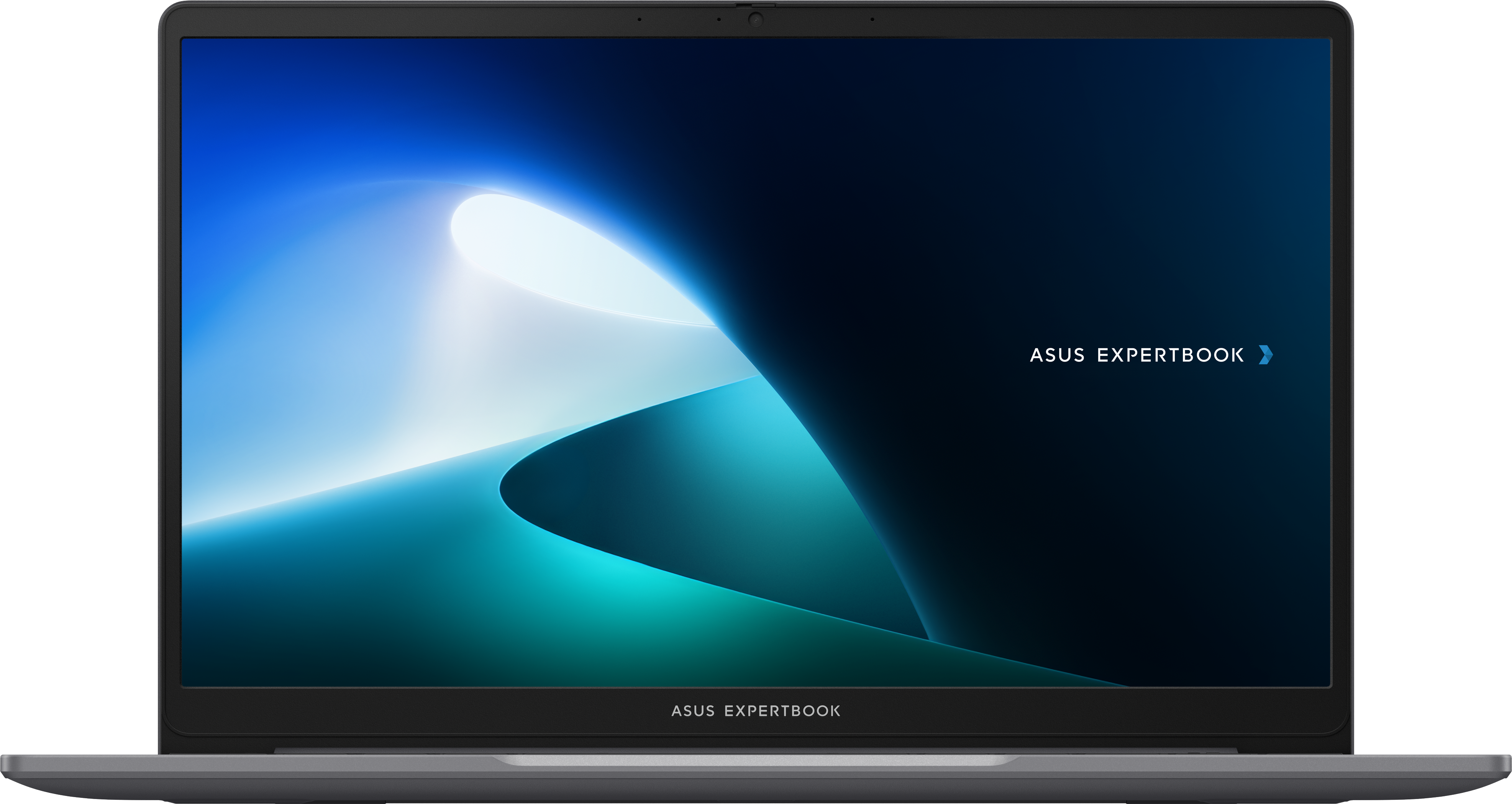 Laptopbildschirm mit ASUS ExpertBook Logo, mit blauem und dunklem Hintergrund.