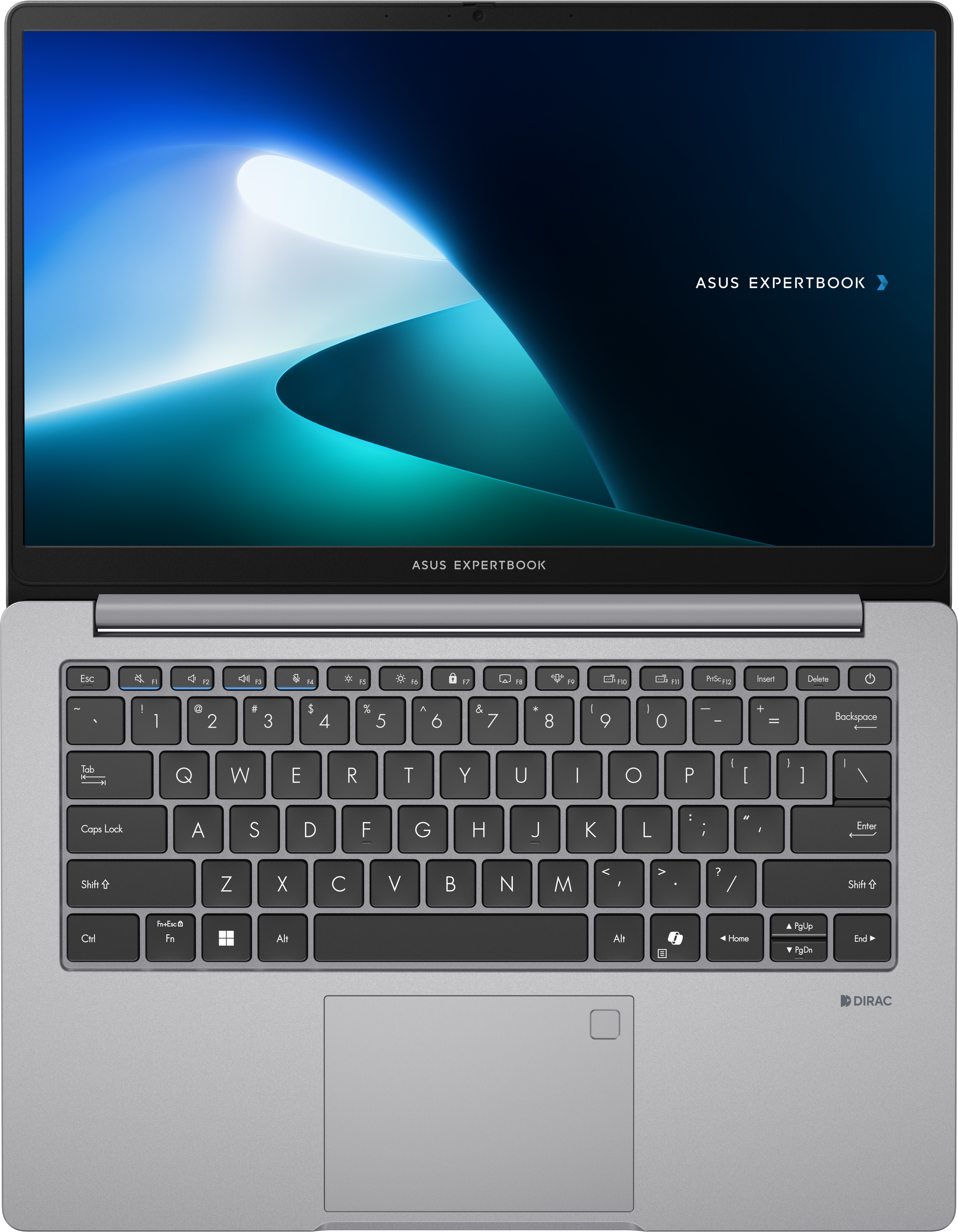 Laptop mit grauer Tastatur und Bildschirm mit blauem, abstraktem Bild.