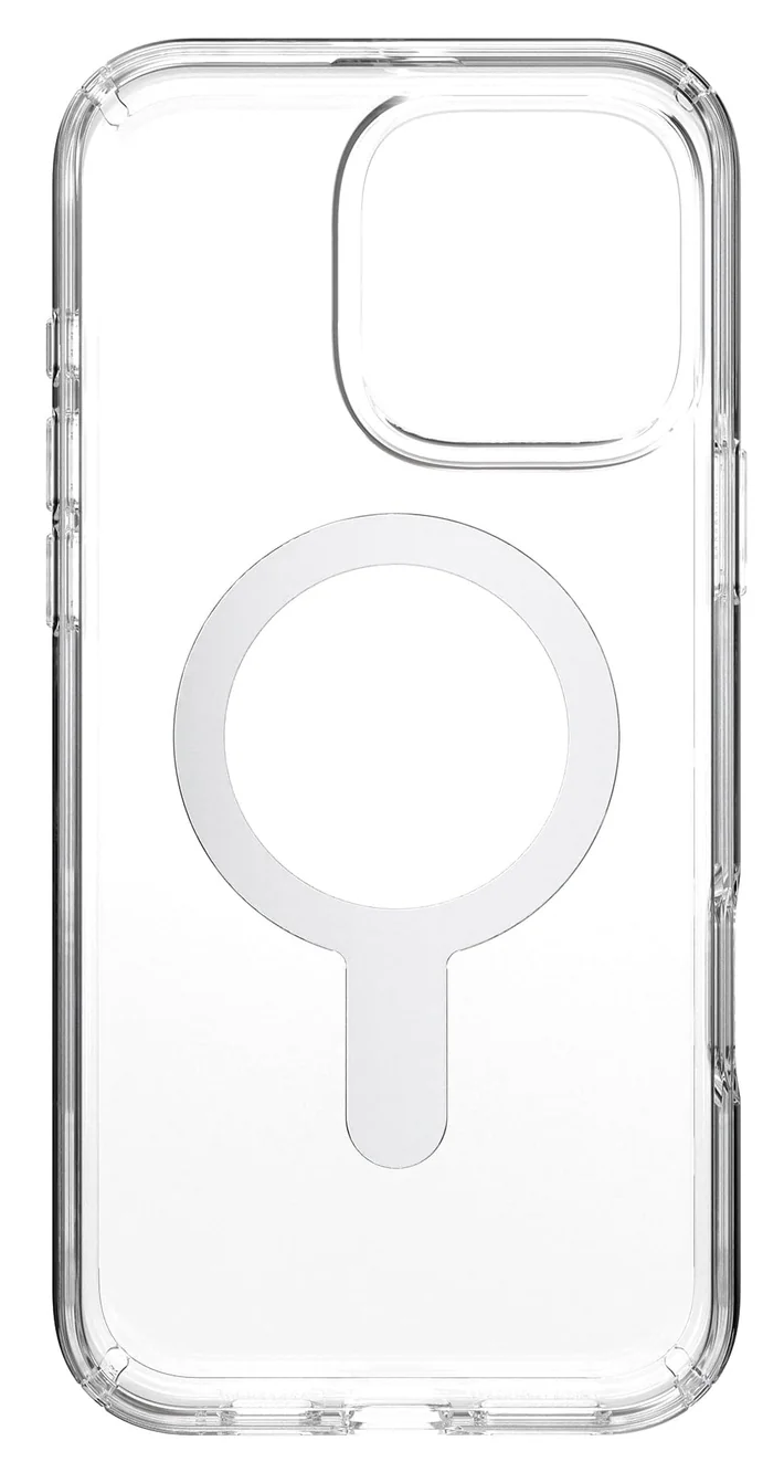 Átlátszó telefontok fehér, kör alakú MagSafe dizájnnal.