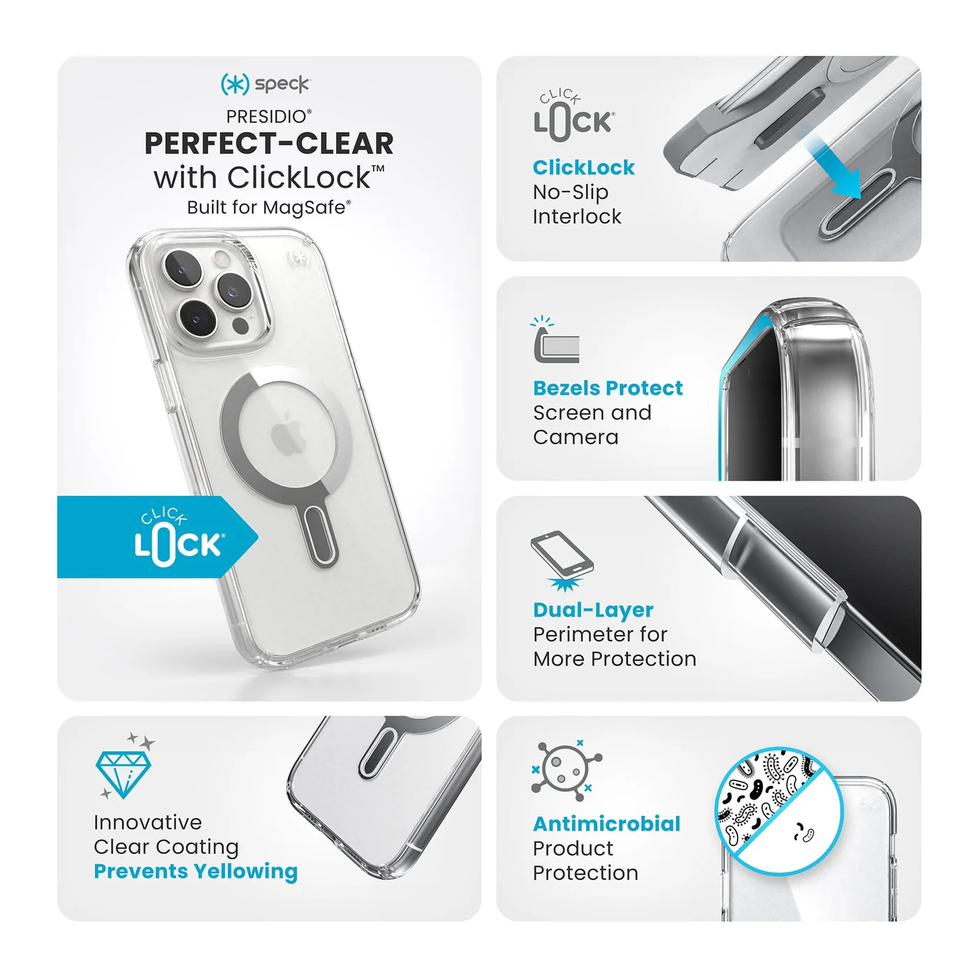 Átlátszó telefontok MagSafe gyűrűvel, a tok tulajdonságainak részleteivel.