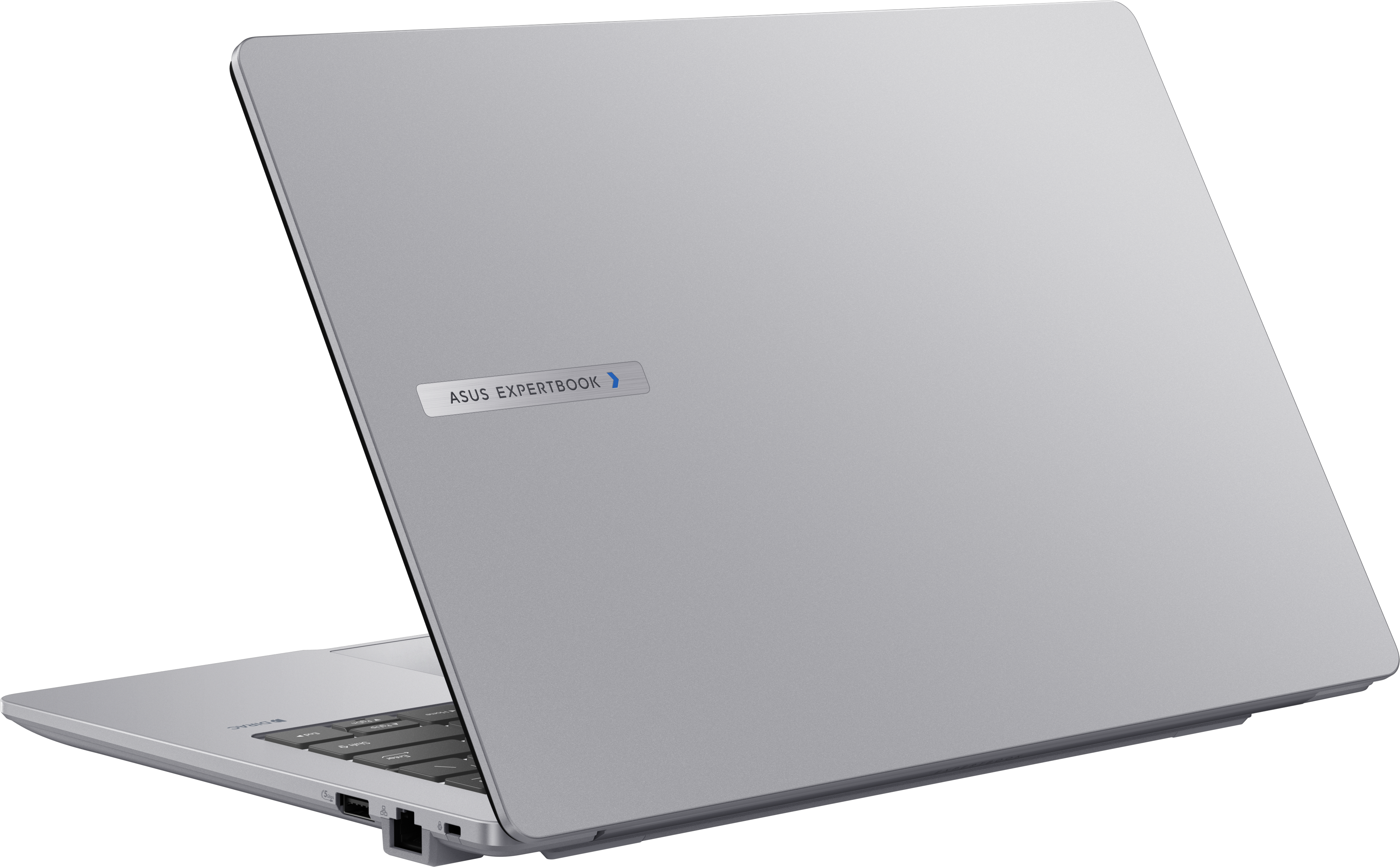 Silberner ASUS ExpertBook Laptop, Seite mit Anschlüssen.