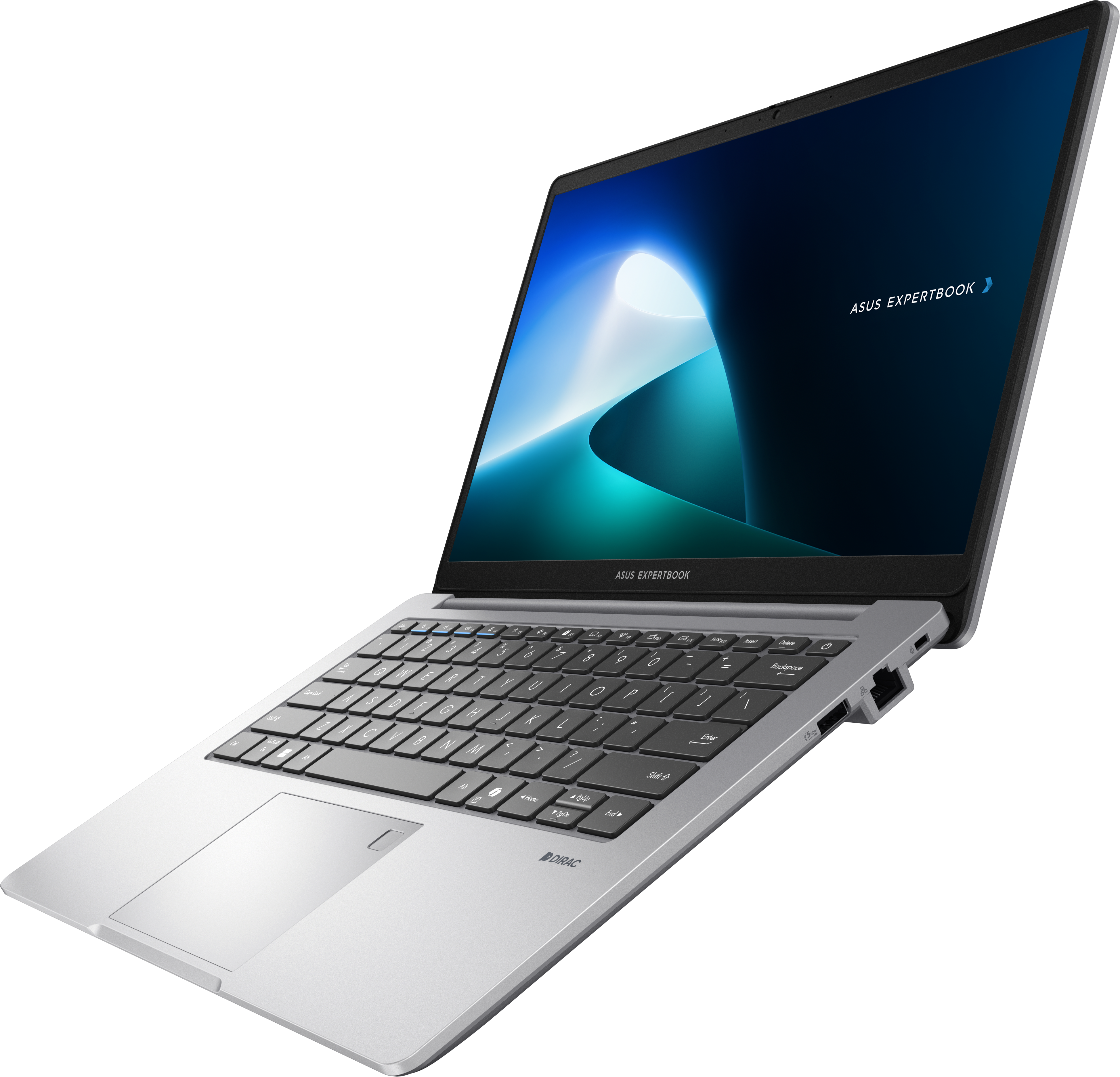 Silberner Laptop, im Winkel geöffnet, schwarzer Bildschirm mit blau-weißer Grafik.
