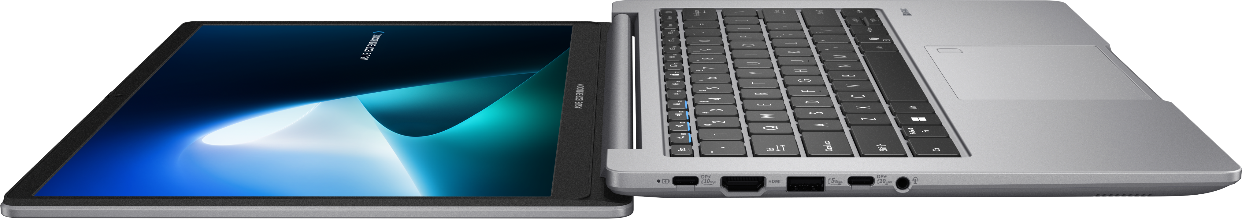 Geöffneter Laptop, Tastatur und Bildschirm zeigend. Bildschirm zeigt blaues, weißes Design.