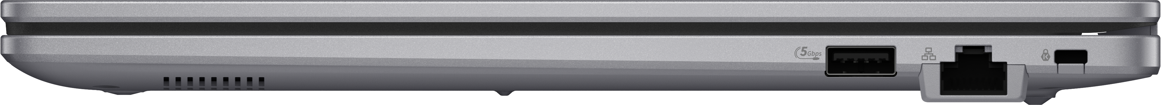 Silberner ASUS ExpertBook Laptop, Seite mit Anschlüssen.