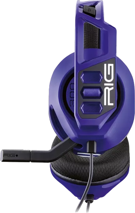 Ein lila-schwarzes Gaming-Headset mit Mikrofon.