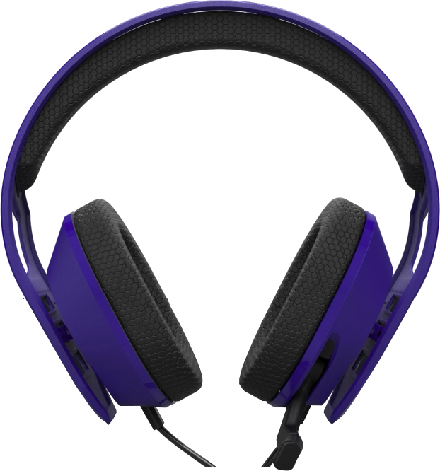 Lila Gaming-Headset. Schwarzes Wabenmuster auf den Ohrmuscheln. Schwarzer Hintergrund.