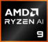 Logo AMD Ryzen AI 9 en blanc sur fond noir avec une bordure orange.