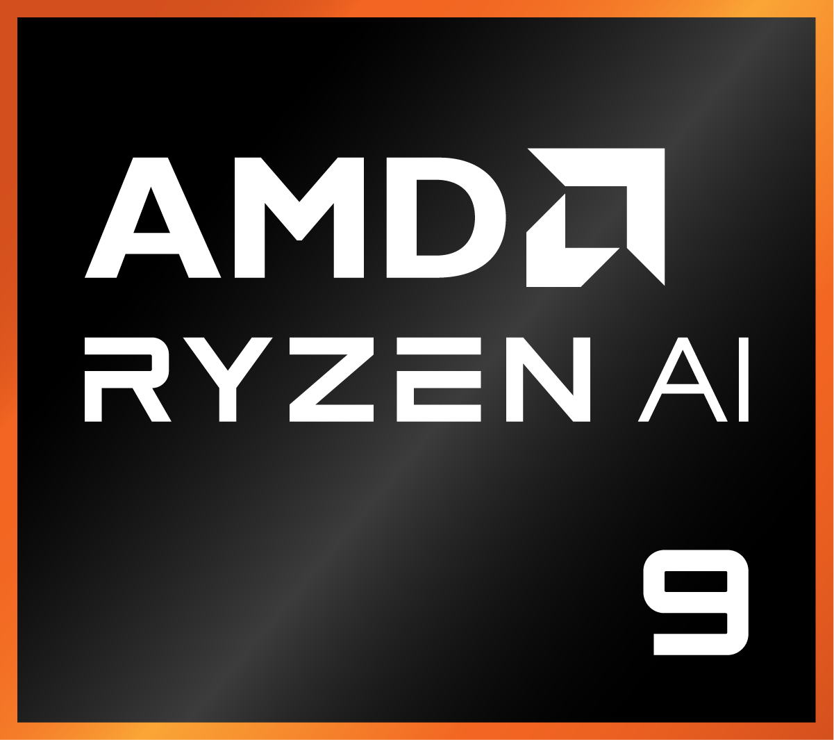 AMD Ryzen AI 9 Logo in Weiß auf schwarzem Hintergrund mit orangefarbenem Rand.