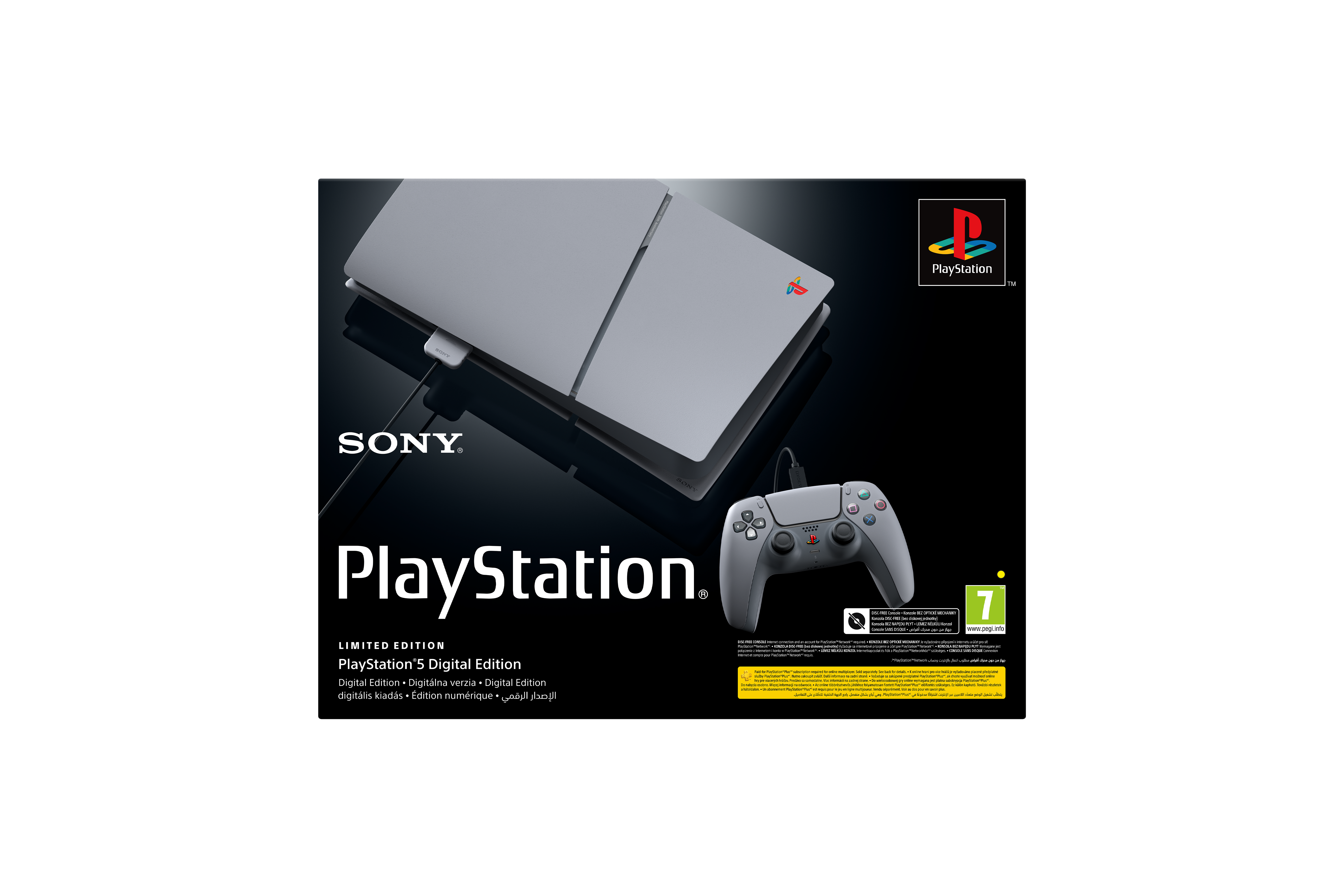 PlayStation 5 Digital Edition kutusu, bir kontrolcü ve konsol ile.