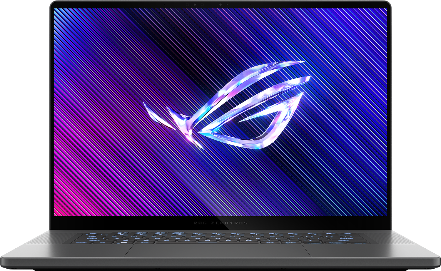Laptop színes képernyővel, logót mutatva, fekete felületen.