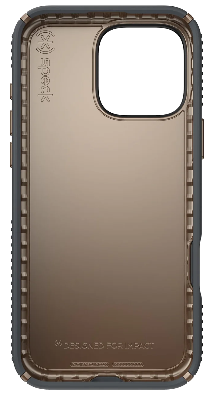 Telefontok szürke lökhárítóval és átlátszó hátlappal. Speck logó felül. Designed for impact szöveg alul.